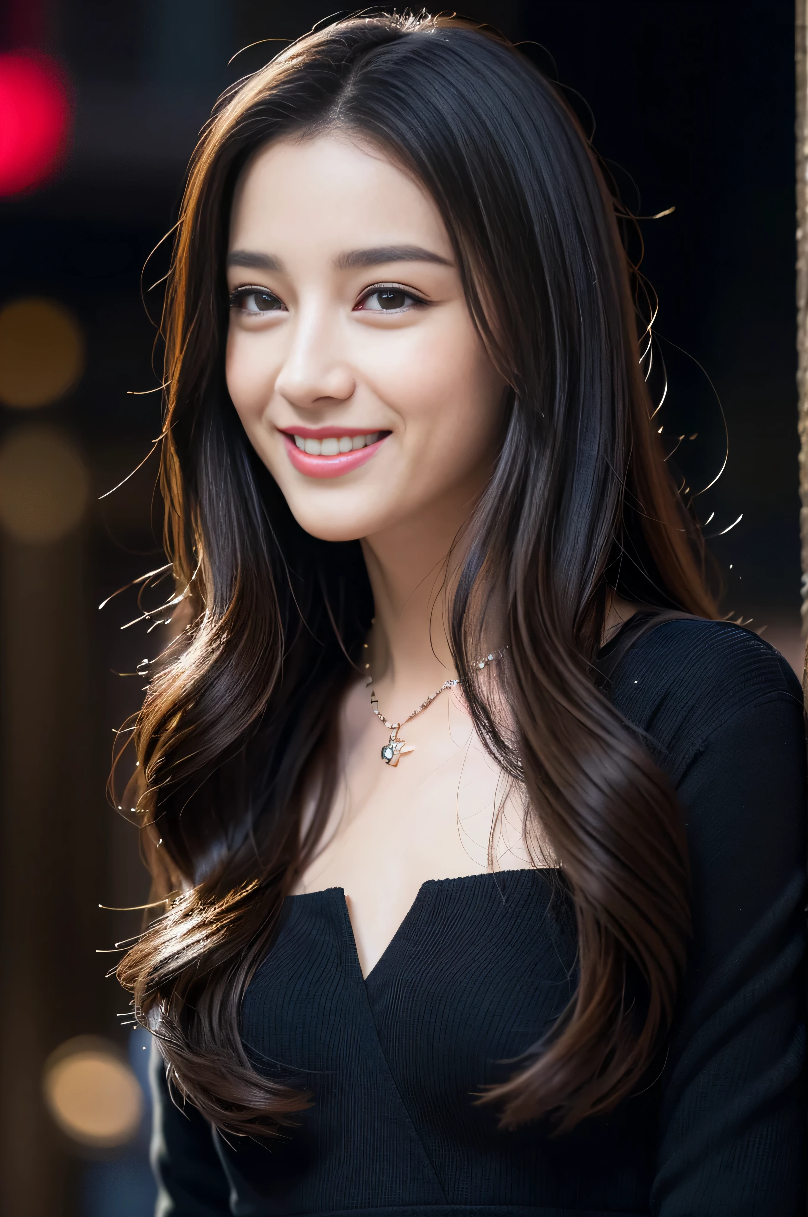 ((top-quality、8K、masterpiece:1.3))、1girl in、A smile、full body Esbian、Slim Faces、Pretty women、(dark brown hair)、Full-length dresses:1.1、hyperdetailed face、A detailed eye、二重まぶた、blured background、Slim Faces、manhattan, New York、takeout、a street、