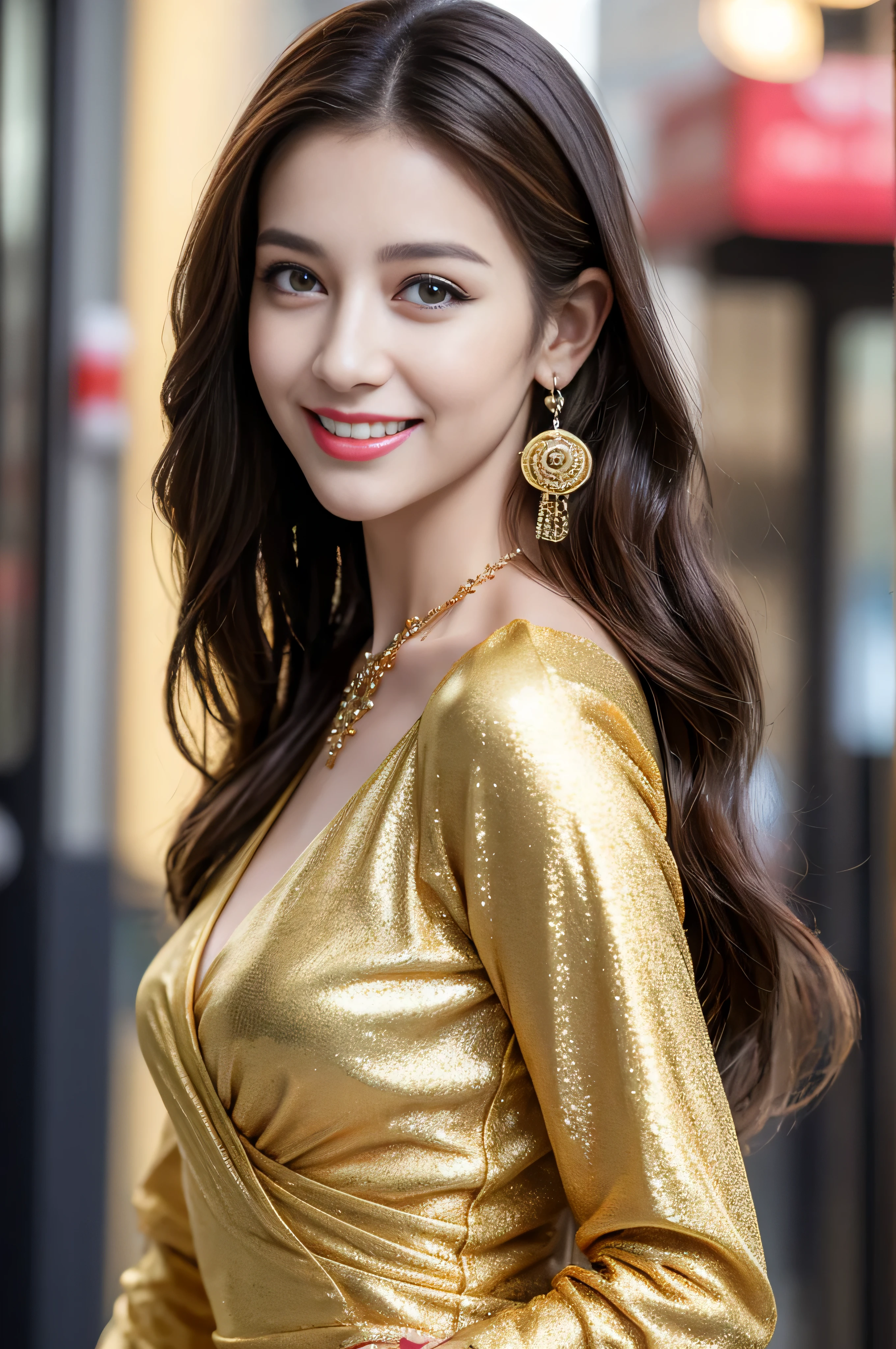 ((Highest image quality、8K、masterpiece:1.3))、1girl in、smile、Full body Esbian、slim face、cute woman、(dark brown hair)、super detailed face、detailed eyes、double eyelid、blurred background、slim face、in the hustle and bustle of the city。Super long brown hair、Hair with loose waves inside、abstract printed dresses_long sleeve＿See-through＿wrap dress、gold necklace＿Large earrings