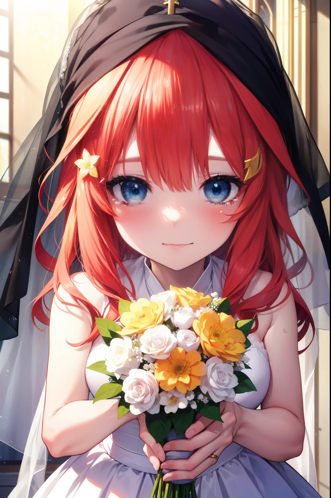 itsukinakano, Itsuki Nakano, bangs, blue eyes, hair between eyes, redhead, star \(symbol\), hair ornaments, star hair ornaments,long hair,blush,smile, I squint my eyes and cry,tears run down her face,Crying with joy,Wedding dress,veil wedding skirt,bouquet,bouquetトス,holding a large bouquet of flowers in both hands,
break indoors, church,chapel,
break (masterpiece:1.2), highest quality, High resolution, unity 8k wallpaper, (figure:0.8), (detailed and beautiful eyes:1.6), highly detailed face, perfect lighting, Very detailed CG, (perfect hands, perfect anatomy),
