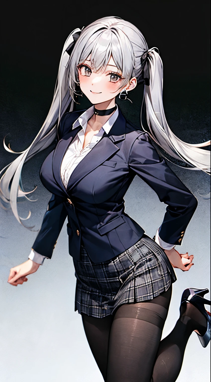 Alone,girl,gray hair,big breasts,smile,blazer,checked skirt,tights,high heels,twin tails,open your legs,thin legs,earrings,choker,looking at the viewer