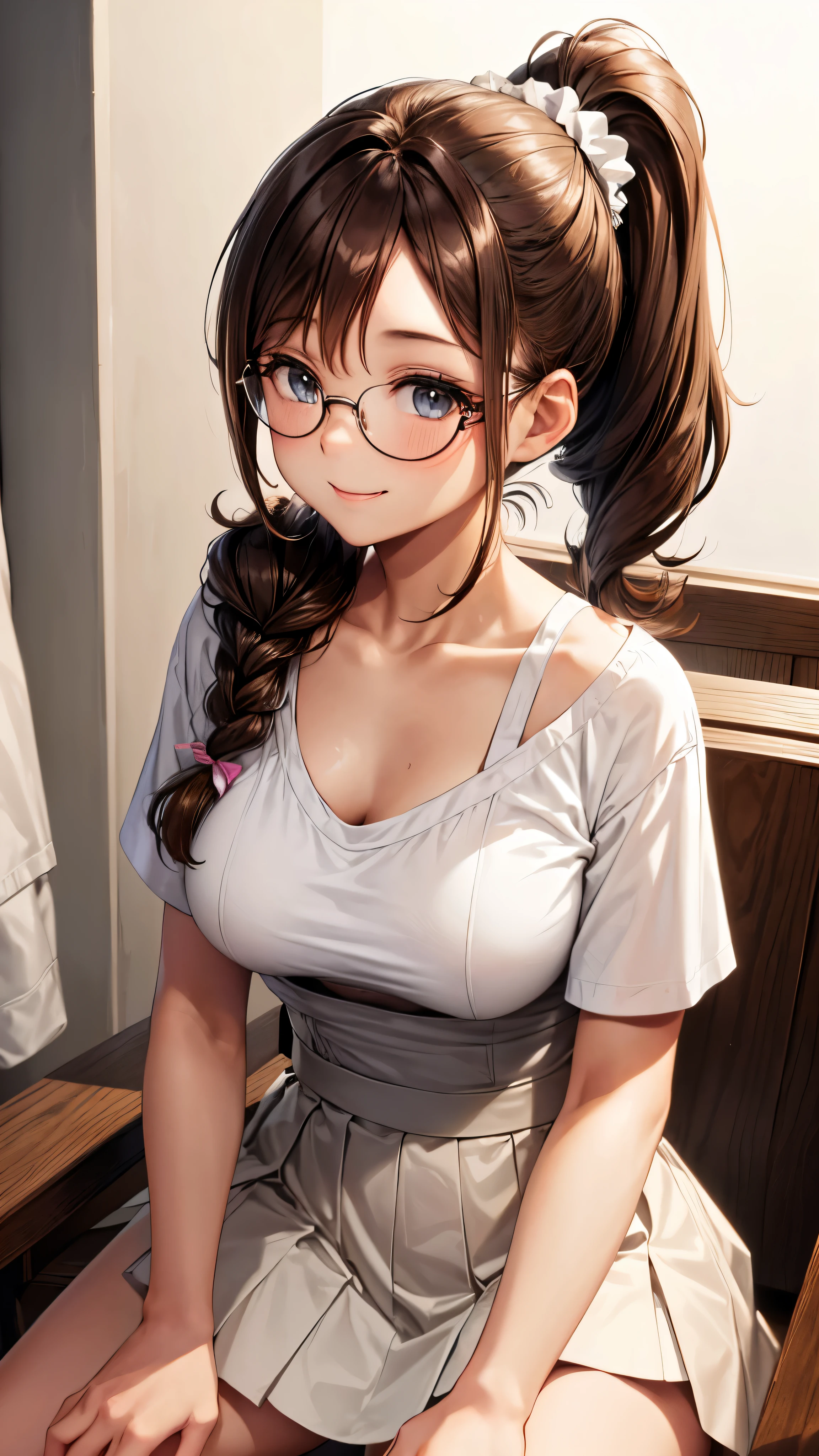 1 female,************,brown hair,beautiful low ponytail hairstyle, (miniskirt and big white tank top, (double breasted,under bust:1),  natural smile,,frameless eyeglasses,(leaning forward),cute and good