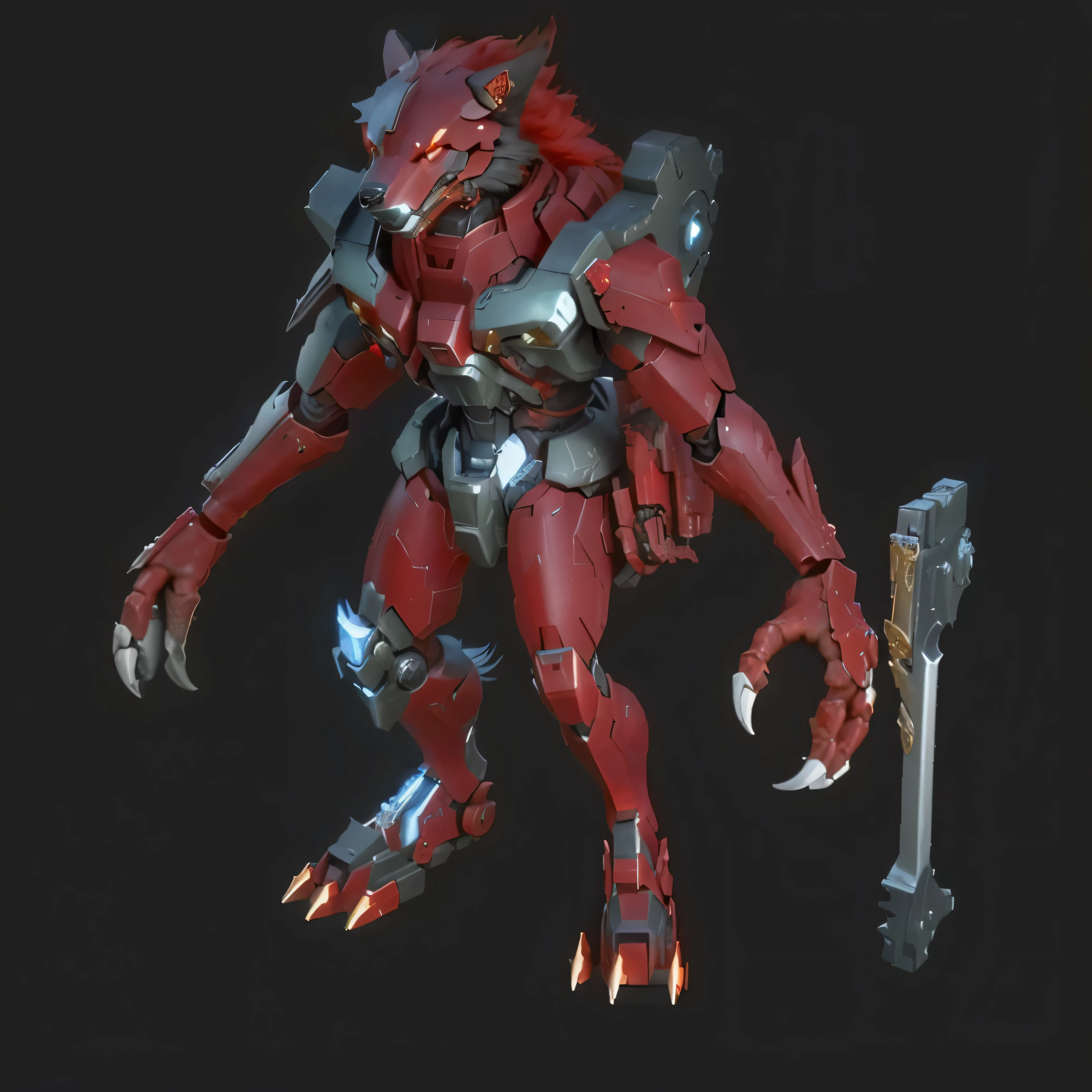 Close up of red and black monster holding sword, full body Red mecha, starcraft 2 video game armor me, minotaur wolf, Redshift rendering, Good boy giant mecha wolf dog, Rendering in nvidia&#39;s omniverse, Red mecha, character concept model, From StarCraft, Anthropomorphic werewolf