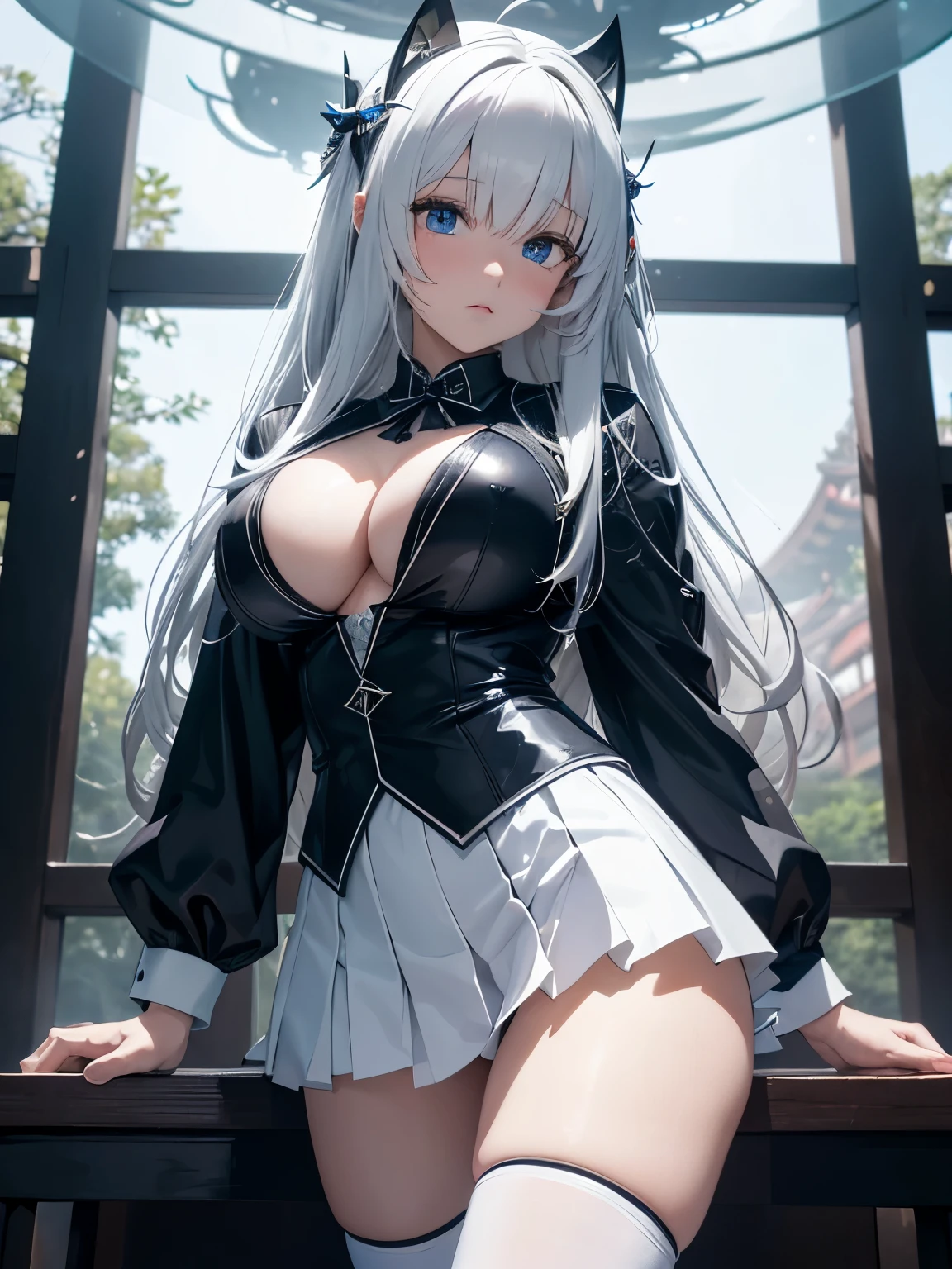 Jakub Różalski, A E Marty, Surreal, mysterious, strange, fantastical, fantasy, Sci-fi, Japanese anime, spaceship at Meiji Shrine, encounter with the unknown, miniskirt beautiful high school girl, perfect voluminous body, detailed masterpiece Hyper realistic sharp focus sexy tits erotic ass coquettish looking at viewer