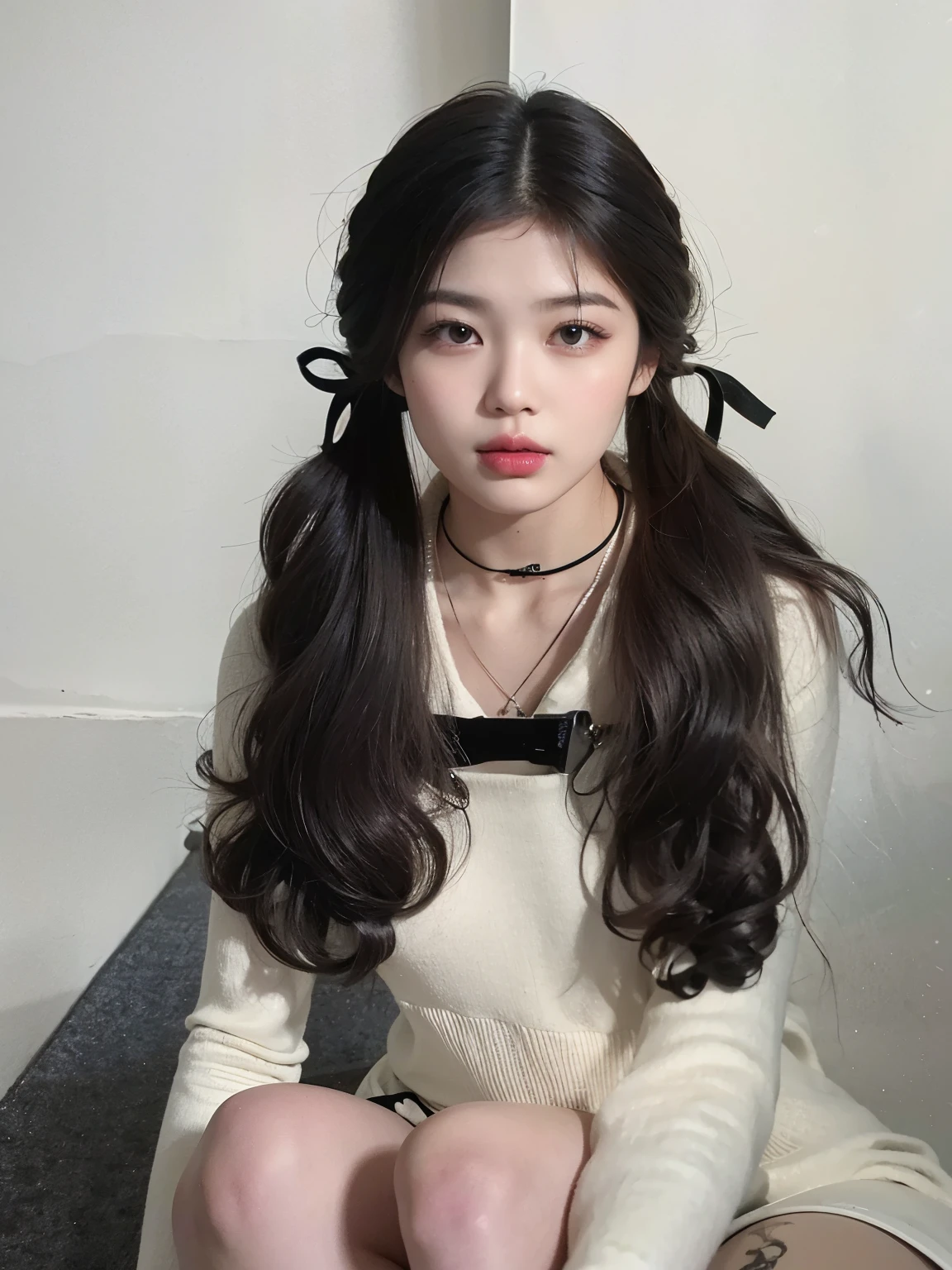Asian woman with ponytails sitting on the floor, braid hair style, Double ponytail hairstyle, two braid hair style, Black hairband for long curly hair, asian girl long hair, Urzan, 