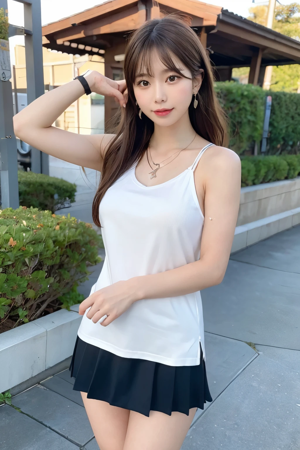 Neat and clean high school girl、(Long white silk camisole、White panties)、Outside the athletics field、(slim)、Photorealistic、detailed, Skin Texture, Super detailed、Delicate and sexy collarbone、Super detailed face、Lips、Detailed Eyes、Small breasts、Small breasts、、Small breasts、Flat Chest、Chest emphasis、Sad face、((Are standing、White panties are visible from under the skirt、Lift the hem of your skirt slightly with both hands,,))、Short hair with bangs、Straight bob hair、、Angle from top、10 years old