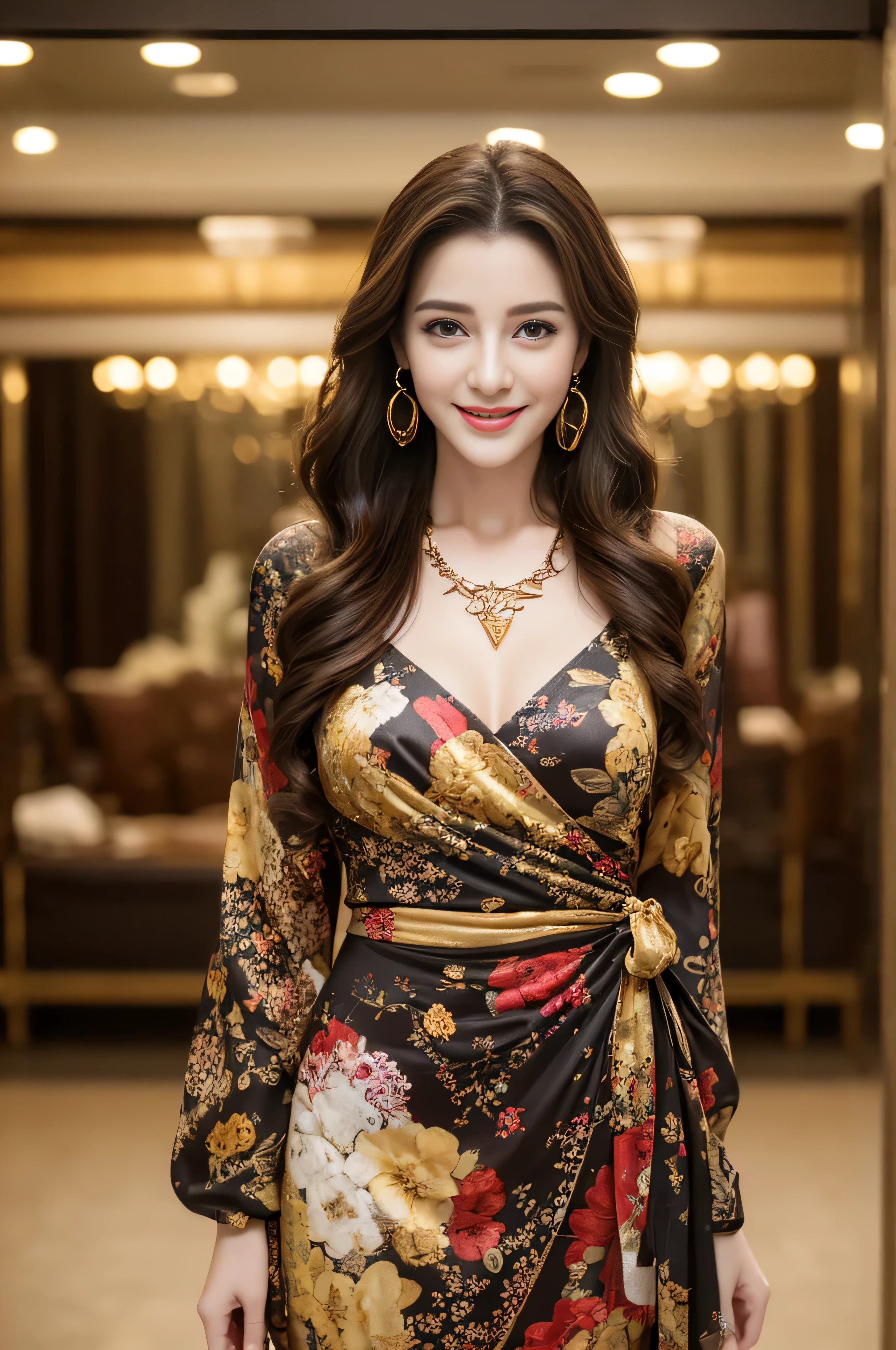 ((Highest image quality、8K、masterpiece:1.3))、1girl in、smile、Full body Esbian、slim face、cute woman、(dark brown hair)、super detailed face、detailed eyes、double eyelid、blurred background、slim face、in the hustle and bustle of the city＿Super long brown hair、big breasts、full body shot、on the hotel bed、Hair with loose waves inside、abstract printed dresses_long sleeve＿wrap dress、gold necklace＿Large earrings