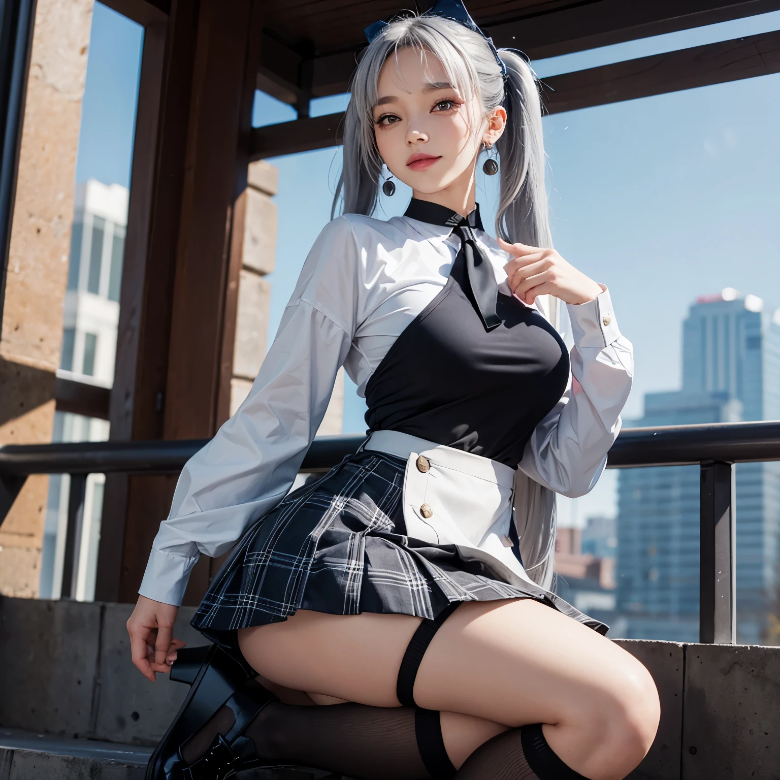 Alone,girl,gray hair,big breasts,smile,uniform,checked skirt,tights,high heels,twin tails,open your legs,thin legs,earrings,choker,looking at the viewer,lotion