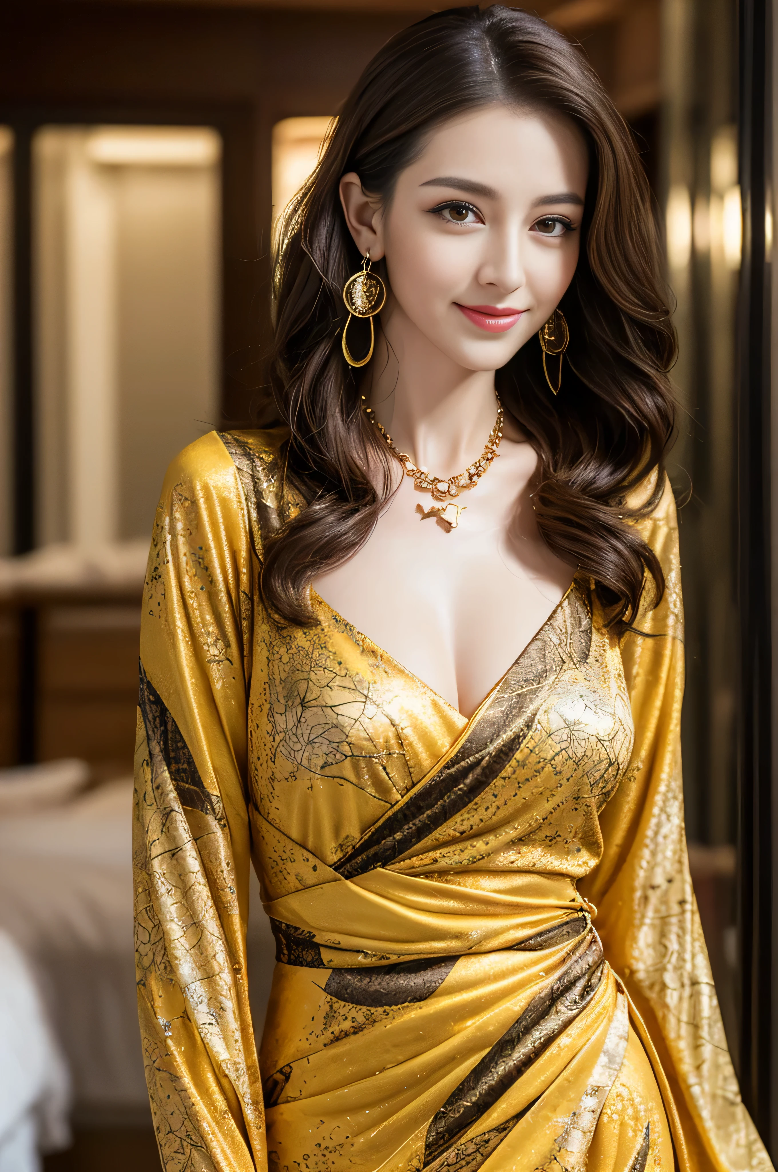 ((Highest image quality、8K、masterpiece:1.3))、1girl in、smile、Full body Esbian、slim face、cute woman、(dark brown hair)、super detailed face、detailed eyes、double eyelid、blurred background、slim face、in the hustle and bustle of the city_Super long brown hair、big breasts、full body shot、on the hotel bed、Hair with loose waves inside、abstract printed dresses_long sleeve_wrap dress、gold necklace_Large earrings、No expression