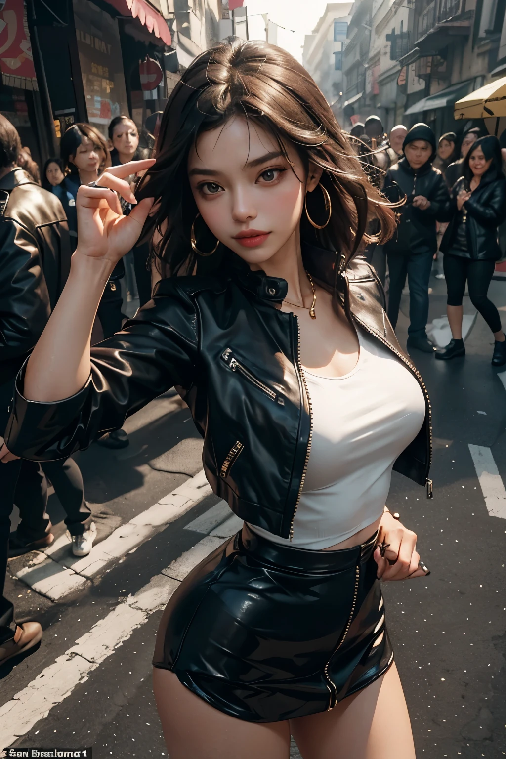 A fashionable woman, dressed in a leather jacket that hugged her upper body, revealing her slim waist and accentuating her curves. Beneath the jacket, she wore a short skirt that swayed gently with every step she took on the bustling streets of Shanghai. In one hand, she clutched a golden hoop earring, twirling it between her fingers as she took in the vibrant energy surrounding her. The sun cast a warm glow on her smooth, radiant skin, highlighting her flawless features and adding an aura of sophistication to her overall look. With her head held high and a confident stride, she blended seamlessly into the lively scene, radiating an air of effortless style and