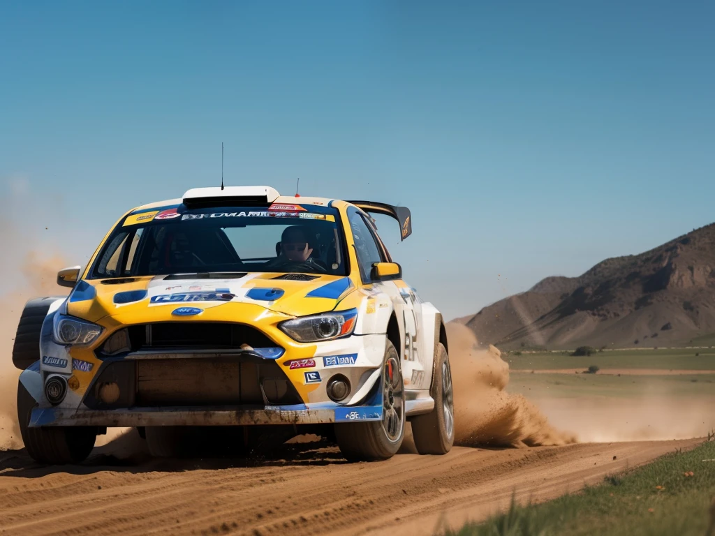 highest quality，masterpiece "WRC，ford, intense action, Mud splashes, High-speed stimulation, Rally cars fly in the dirt, Powerful engine roar, Precise operation, dust cloud, sharp, A race against time."Tires painted，Detailed picture，It makes sense