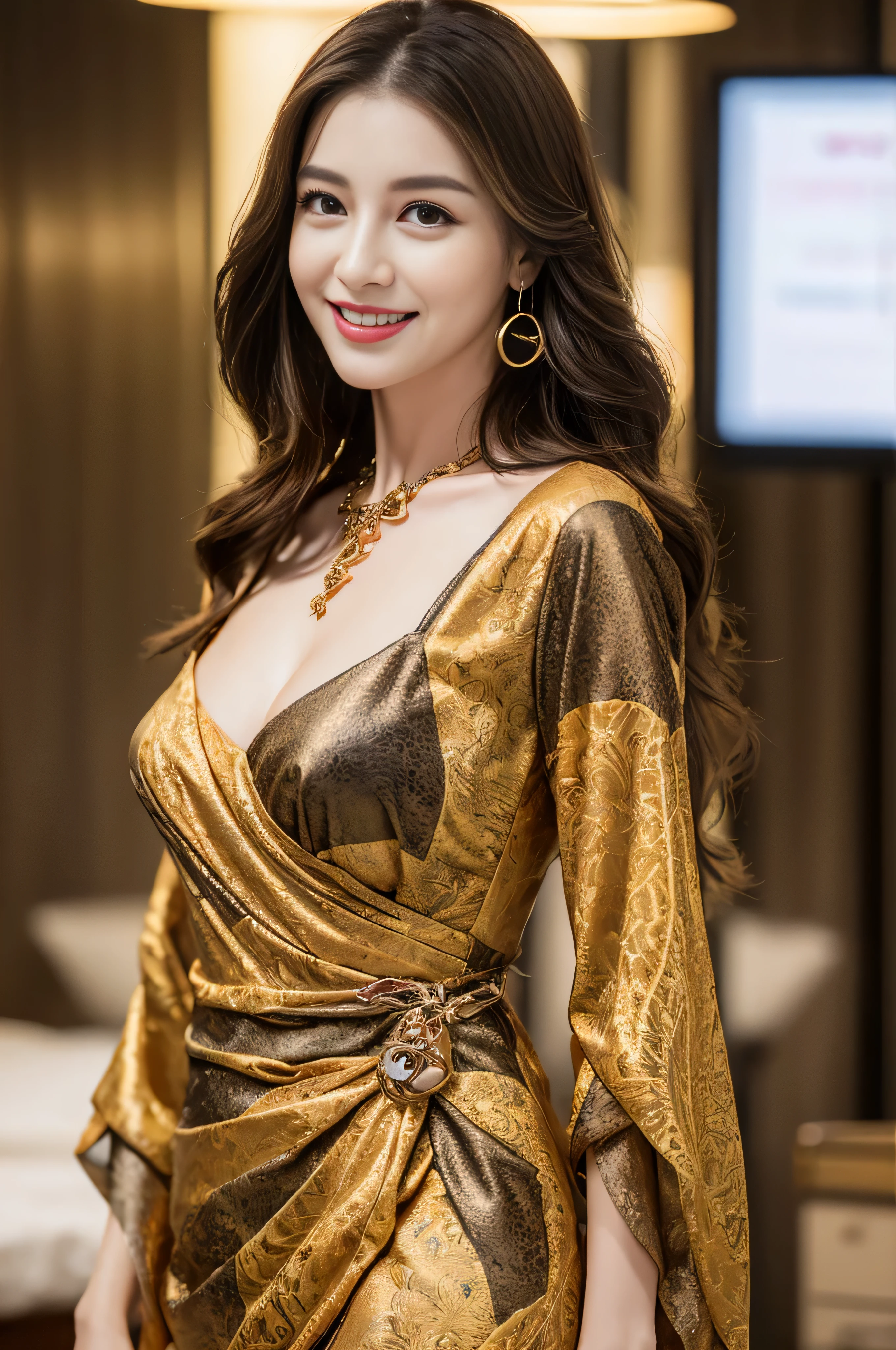 ((Highest image quality、8K、masterpiece:1.3))、1girl in、smile、Full body Esbian、slim face、cute woman、(dark brown hair)、super detailed face、detailed eyes、double eyelid、blurred background、slim face、in the hustle and bustle of the city_Super long brown hair、big breasts、full body shot、on the hotel bed、Hair with loose waves inside、abstract printed dresses_long sleeve_wrap dress、gold necklace_Large earrings、No expression、full body shot、Standing gracefully