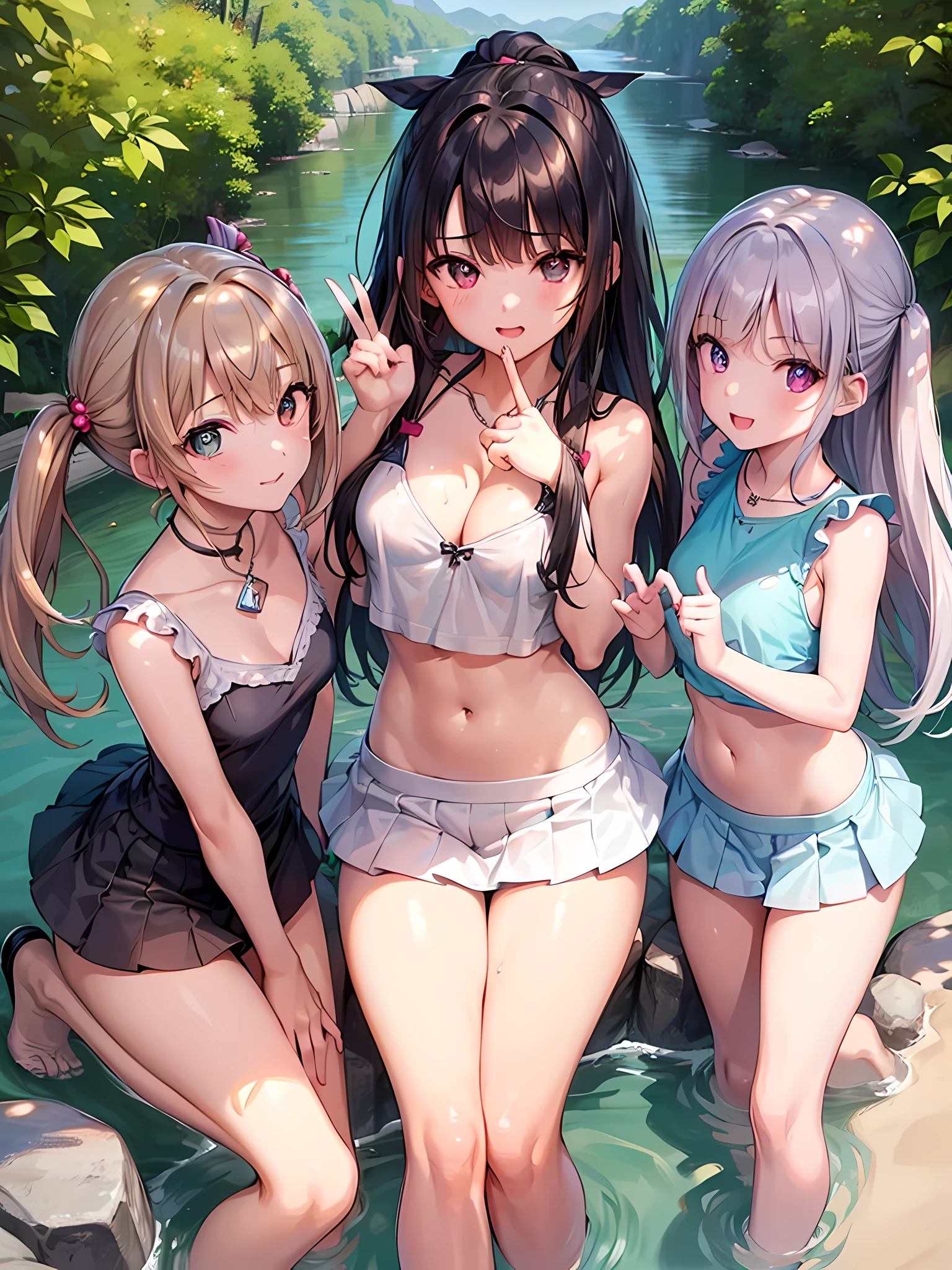 ((highest quality)), ((masterpiece)),(Noble), (cute), (3 girls:1.8), cute three girls are posing for a camera outdoors in the water, (自分のshirtをめくる), The wind blows up my skirt,(stand in line), (Close-up shot from the knee:1.3), perfect face, smile, (open your mouth and smile:1.3), embarrassed look, (precise fingers:1.3), ray tracing, bubble butt, round little butt, bend over, hair band, head band, hair bobble, blouse, shirt, I can see your underwear, I can see the shorts, (pastel colored underwear), high resolution eyes, accurate eyes, (high resolution eyes:1.8), (High definition finger 1.8), light smile, small chest, chest, realistic, knee socks, short skirt, Asian, Westerners, silver hair, brown hair, blonde, belly button, jewelry, looking at the viewer, necklace, water, , Wet, long hair, short hair, abs,