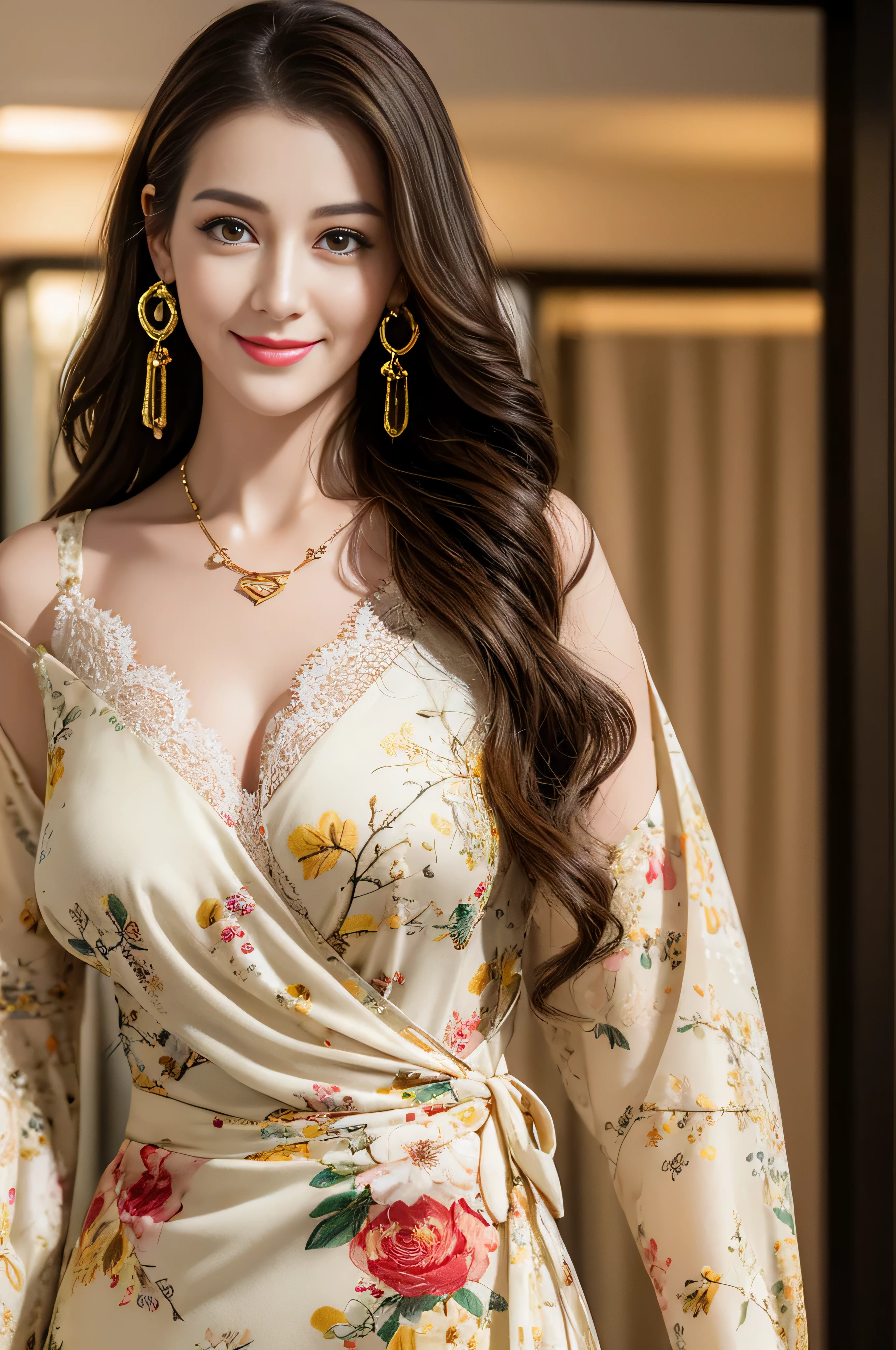 ((Highest image quality、8K、masterpiece:1.3))、1girl in、smile、Full body Esbian、slim face、cute woman、(dark brown hair)、super detailed face、detailed eyes、double eyelid、blurred background、slim face、in the hustle and bustle of the city＿Super long brown hair、big breasts、full body shot、on the hotel bed、Hair with loose waves inside、abstract printed dresses_long sleeve＿wrap dress、gold necklace＿Large earrings、No expression、full body shot、Standing gracefully、lace breasts, large loose open chest, get glimpses of breast,Buttons up to the middle of the shirt:1.2)、(Floral blouse)、(Blouse with ribbon:1.1)、