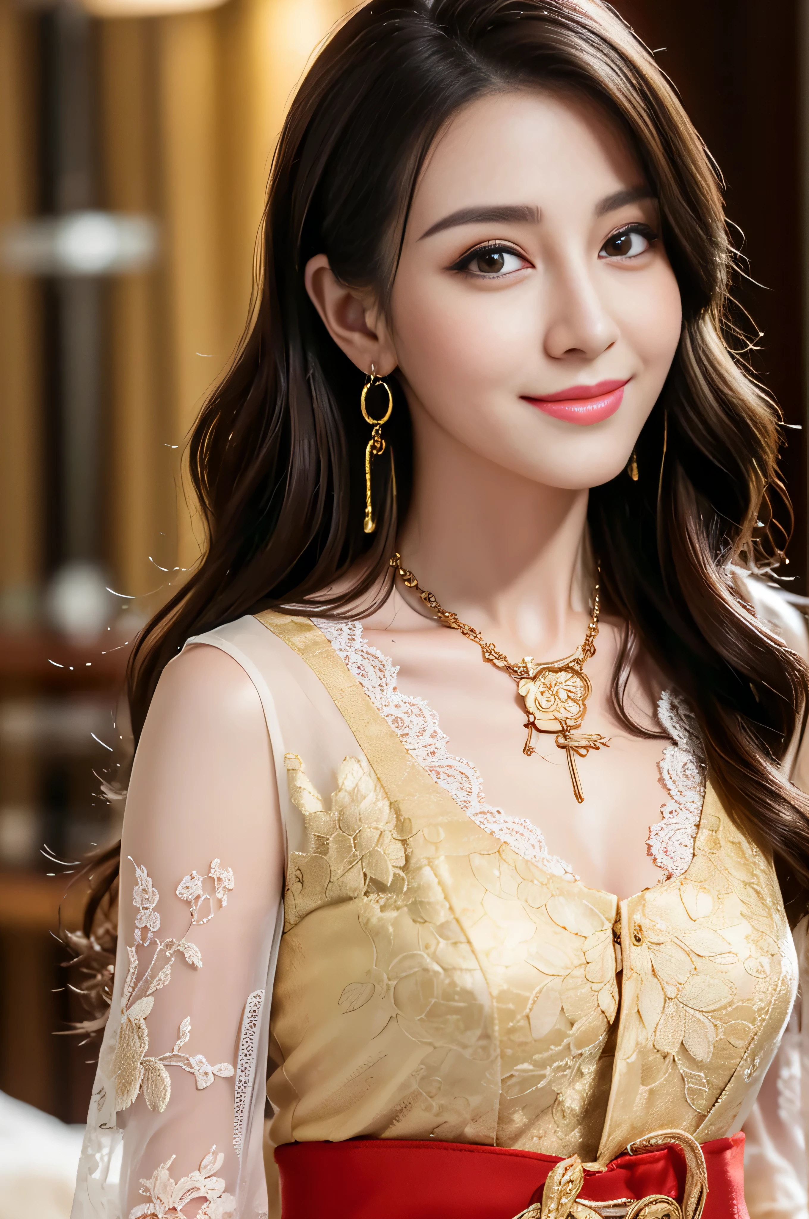 ((Highest image quality、8K、masterpiece:1.3))、1girl in、smile、Full body Esbian、slim face、cute woman、(dark brown hair)、super detailed face、detailed eyes、double eyelid、blurred background、slim face、in the hustle and bustle of the city_Super long brown hair、big breasts、full body shot、on the hotel bed、Hair with loose waves inside、gold necklace_Large earrings、No expression、full body shot、Standing gracefully、lace chest、big loose open chest、glimpse of the chest、button down the middle of the shirt:1.2)、(Floral blouse)、(Blouse with ribbon:1.1)、leather mini skirt