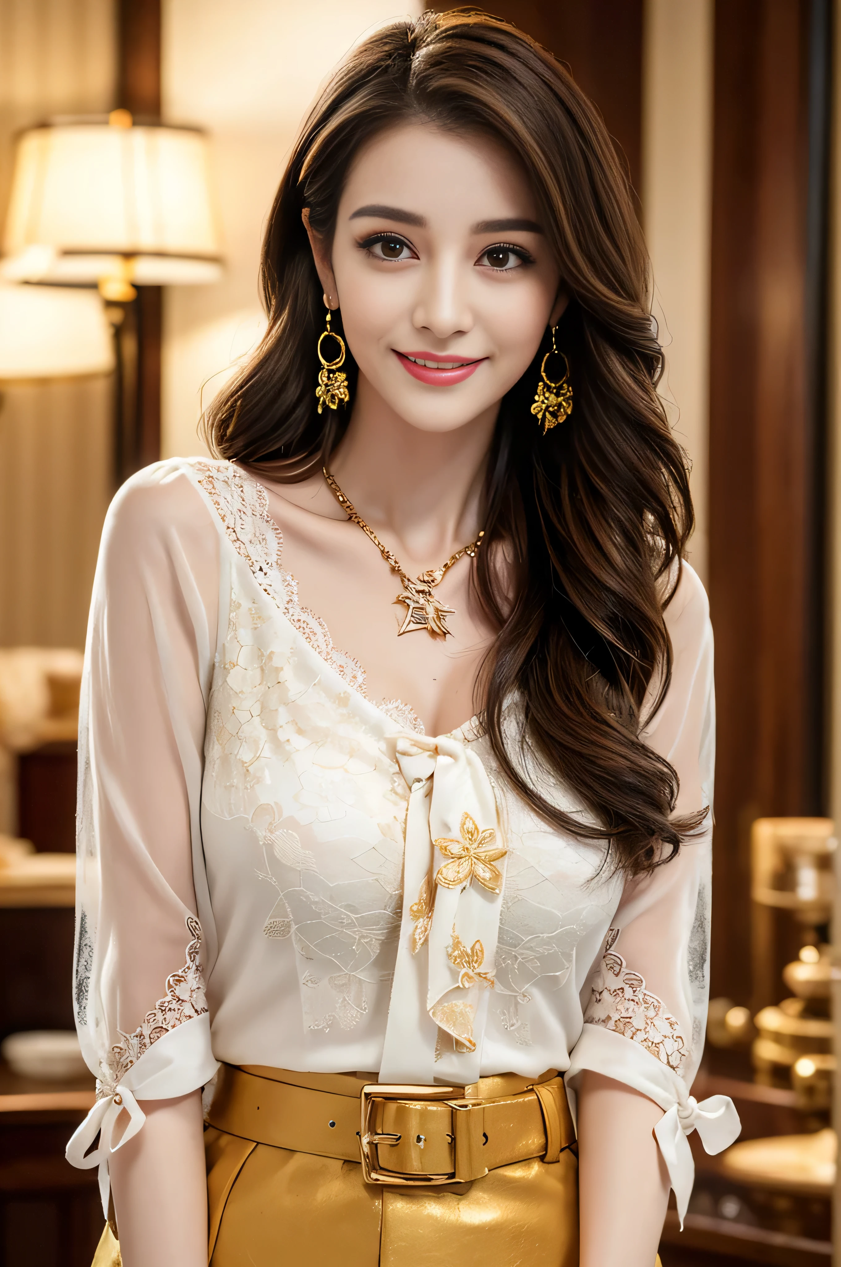 ((Highest image quality、8K、masterpiece:1.3))、1girl in、smile、Full body Esbian、slim face、cute woman、(dark brown hair)、super detailed face、detailed eyes、double eyelid、blurred background、slim face、in the hustle and bustle of the city_Super long brown hair、big breasts、full body shot、on the hotel bed、Hair with loose waves inside、gold necklace_Large earrings、No expression、full body shot、Standing gracefully、lace chest、big loose open chest、glimpse of the chest、button down the middle of the shirt:1.2)、(Floral blouse)、(Blouse with ribbon:1.1)、leather mini skirt