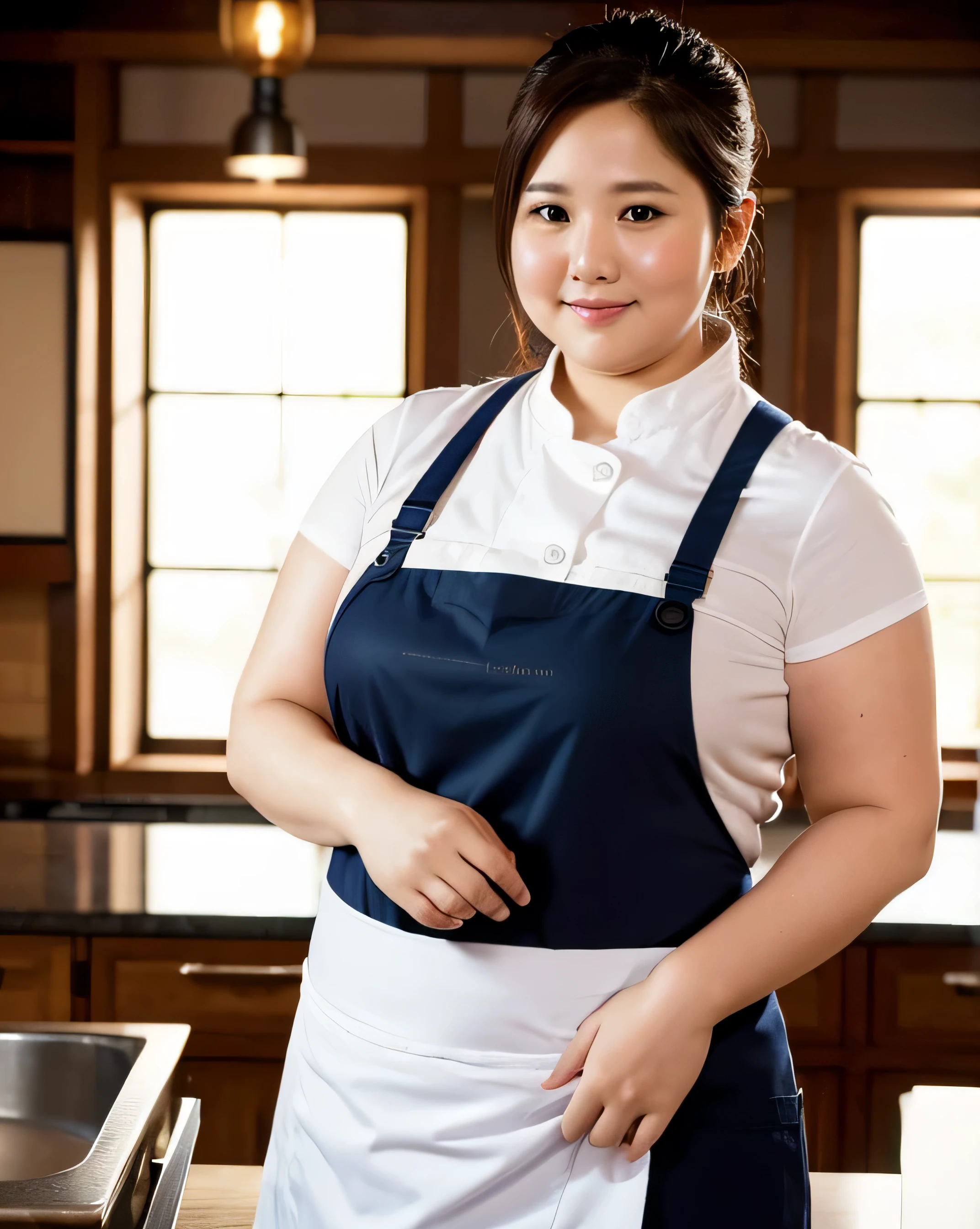 a beauty girl、Erotic、the face is round、bbw、cute little、(((embarrassed from)))thighs thighs thighs thighs、((full of sweat))、Staring at this、full body Esbian, kitchen background,apron,cooking,thick,busty,curvy,looking at viewer,
