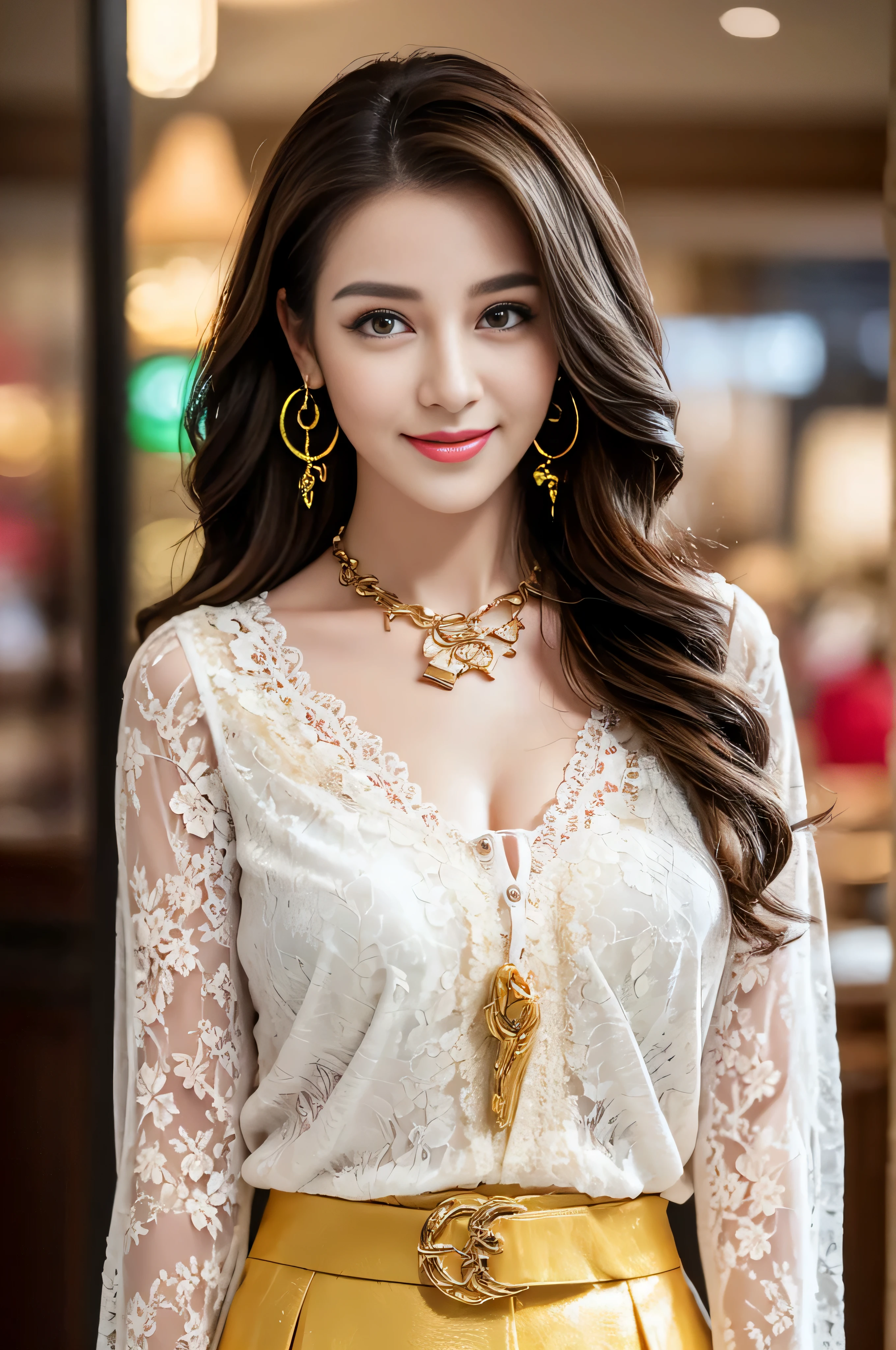 ((Highest image quality、8K、masterpiece:1.3))、1girl in、smile、Full body Esbian、slim face、cute woman、(dark brown hair)、super detailed face、detailed eyes、double eyelid、blurred background、slim face、in the hustle and bustle of the city_Super long brown hair、big breasts、full body shot、on the hotel bed、Hair with loose waves inside、gold necklace_Large earrings、No expression、full body shot、Standing gracefully、lace chest、big loose open chest、glimpse of the chest、button down the middle of the shirt:1.2)、(Floral blouse)、(Blouse with ribbon:1.1)、leather mini skirt
