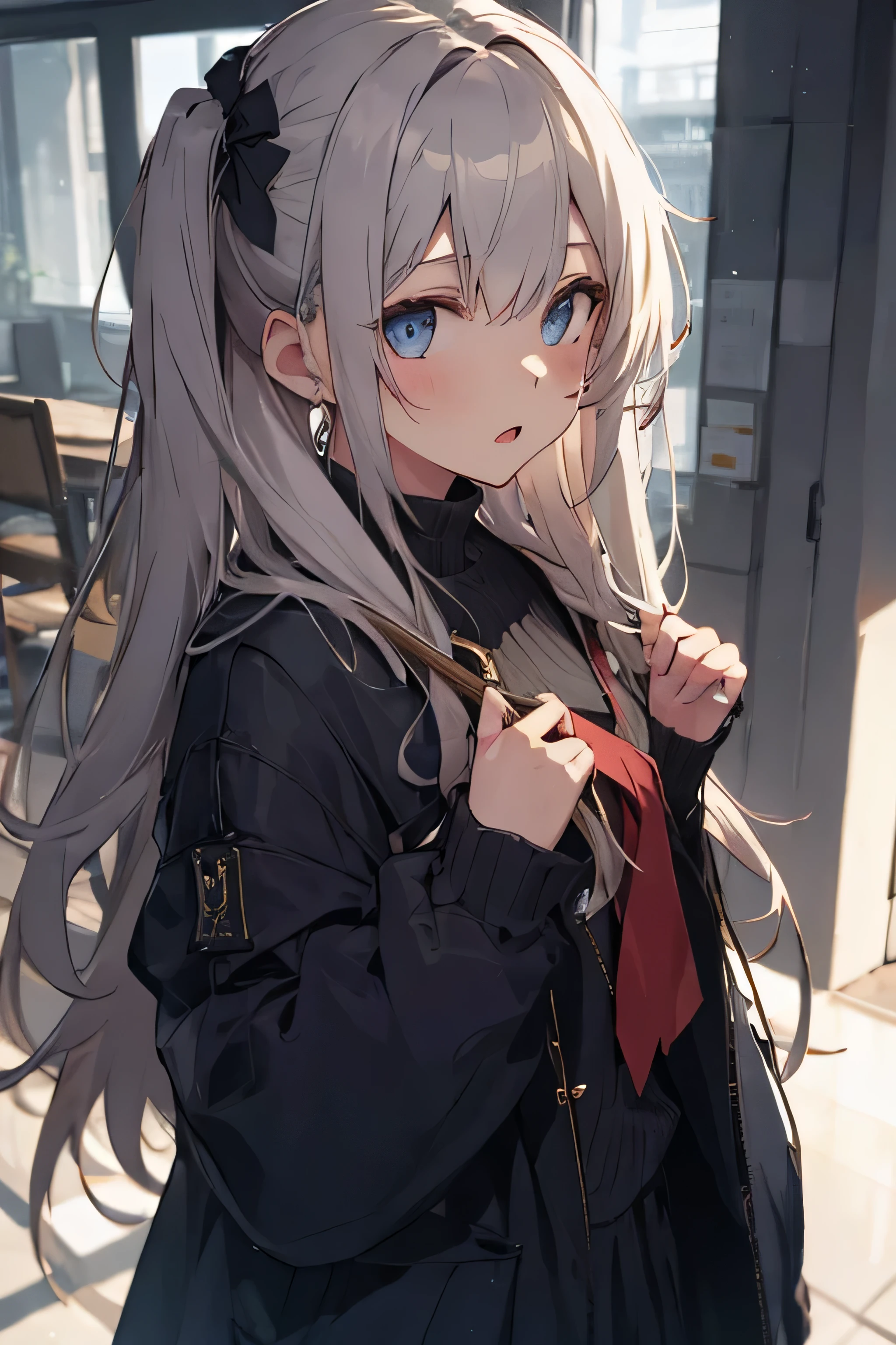 All over a girl standing on the street with double ponytail white hair tight long sleeves striped turtleneck brown short coat off-the-shoulder black high waist belt decoration pleated skirt high top canvas shoes white socks