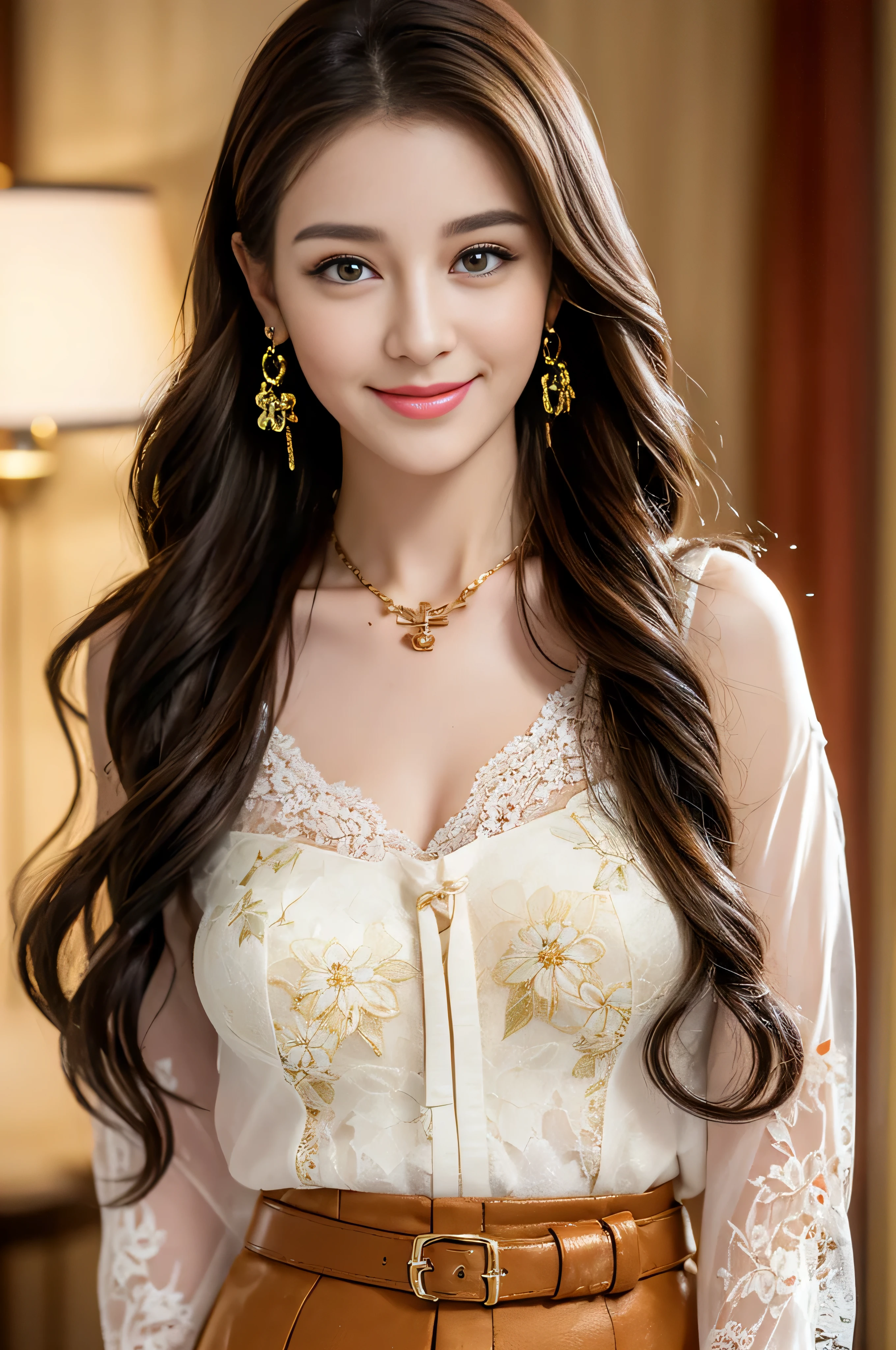((Highest image quality、8K、masterpiece:1.3))、1girl in、smile、Full body Esbian、slim face、cute woman、(dark brown hair)、super detailed face、detailed eyes、double eyelid、blurred background、slim face、in the hustle and bustle of the city_Super long brown hair、big breasts、full body shot、on the hotel bed、Hair with loose waves inside、gold necklace_Large earrings、No expression、full body shot、Standing gracefully、lace chest、big loose open chest、glimpse of the chest、button down the middle of the shirt:1.2)、(Floral blouse)、(Blouse with ribbon:1.1)、leather mini skirt