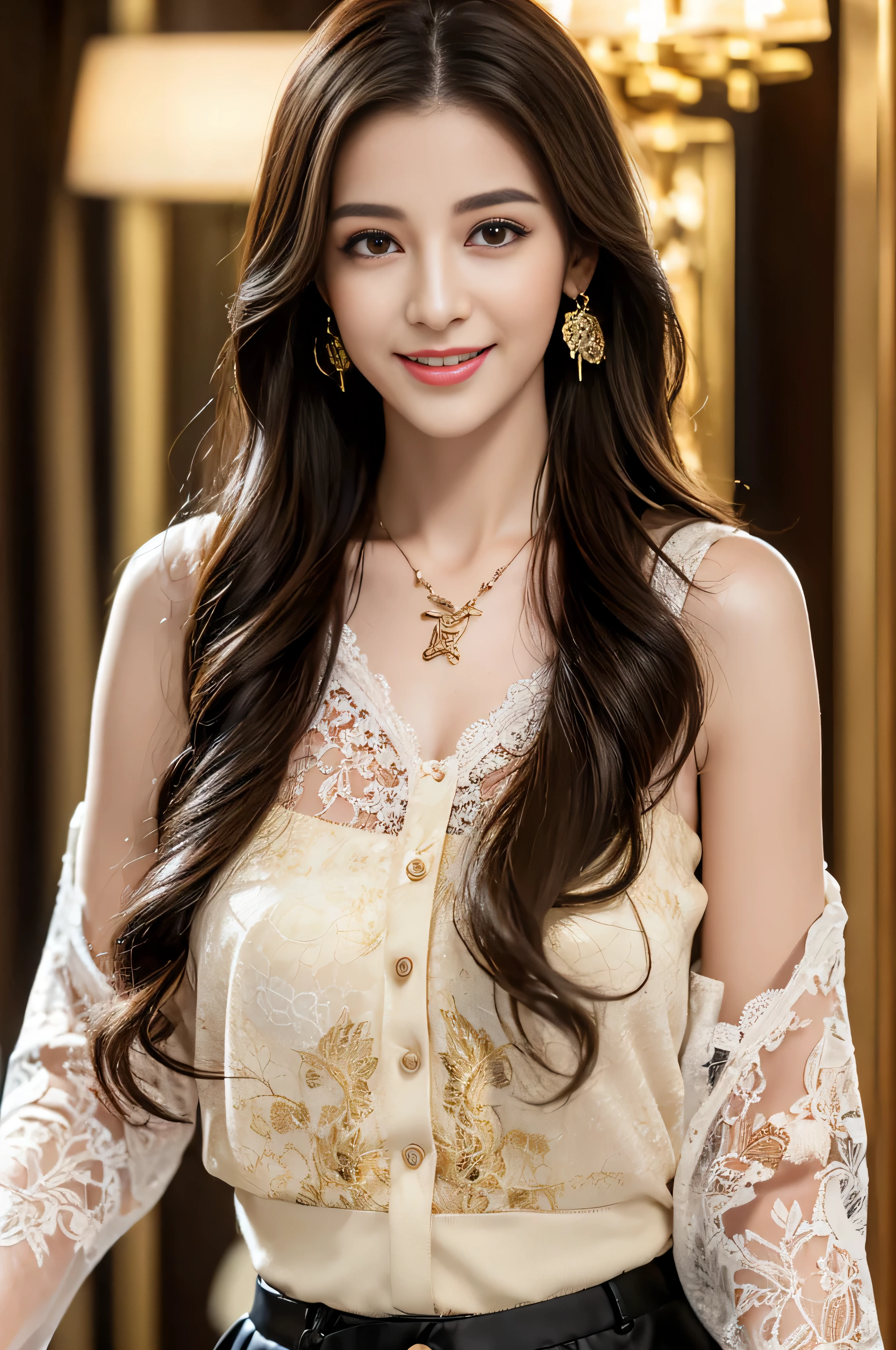 ((Highest image quality、8K、masterpiece:1.3))、1girl in、smile、Full body Esbian、slim face、cute woman、(dark brown hair)、super detailed face、detailed eyes、double eyelid、blurred background、slim face、in the hustle and bustle of the city_Super long brown hair、big breasts、full body shot、on the hotel bed、Hair with loose waves inside、gold necklace_Large earrings、No expression、full body shot、Standing gracefully、lace chest、big loose open chest、glimpse of the chest、button down the middle of the shirt:1.2)、(Floral blouse)、(Blouse with ribbon:1.1)、leather mini skirt