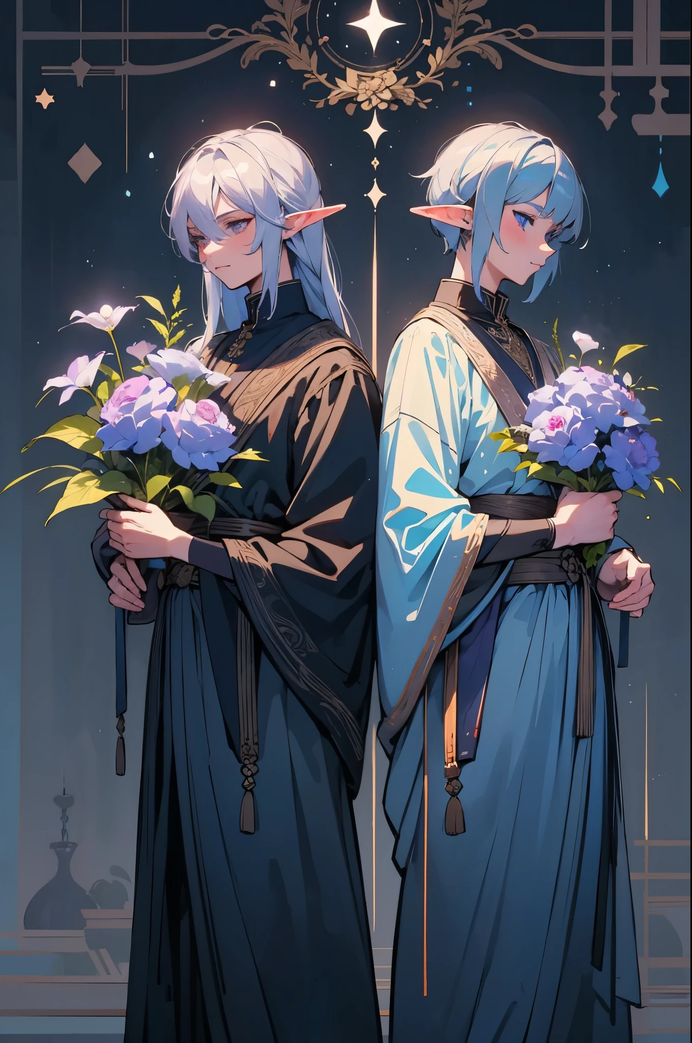 In an elven village in a deep forest. In the style of cartoons and line drawings, two cool and handsome young dark elve boys are making a bouquet of various kinds of bright blue-purple flowers. Preparations for a festival. They have brown skin, silver hair, and folkloric costumes with a Scandinavian-like design. They are both exceptionally beautiful, like models. Floral punk, poster art, in a slightly retro fashion style. Complex and intricate illustrations.