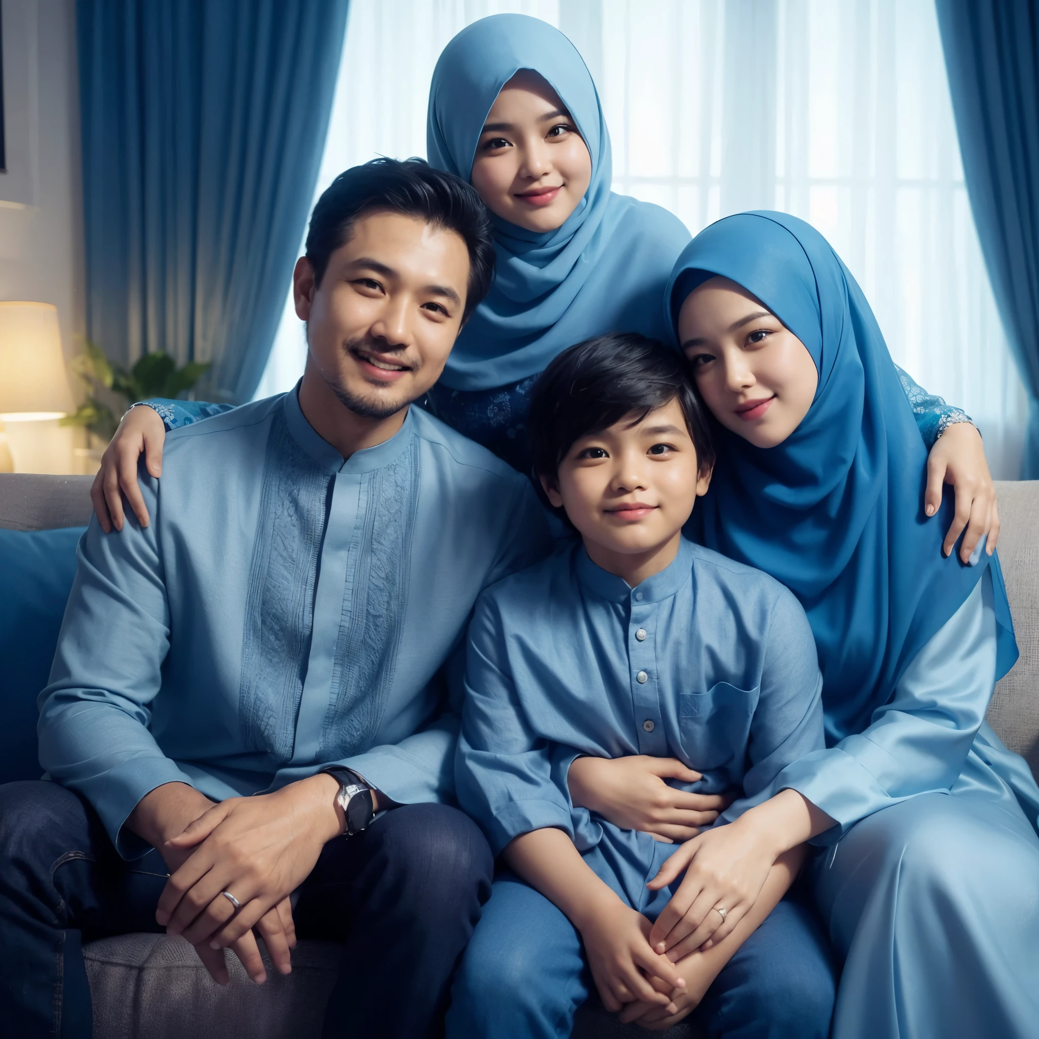 Make a friendly close up photo style,four members, one Indonesian MAN aged 40 years, chubby, one WOMAN aged 40 years, chubby, wearing a hijab, a girl , and a boy aged 8 years, they aaring blue colored Muslim koko clothes The latest blue tunic , wearing a hijab, sitting on the sofa, embracing each other, comfortable and happy, in a luxurious living room, luxury home studio background. details. fresh colors, blue lighting