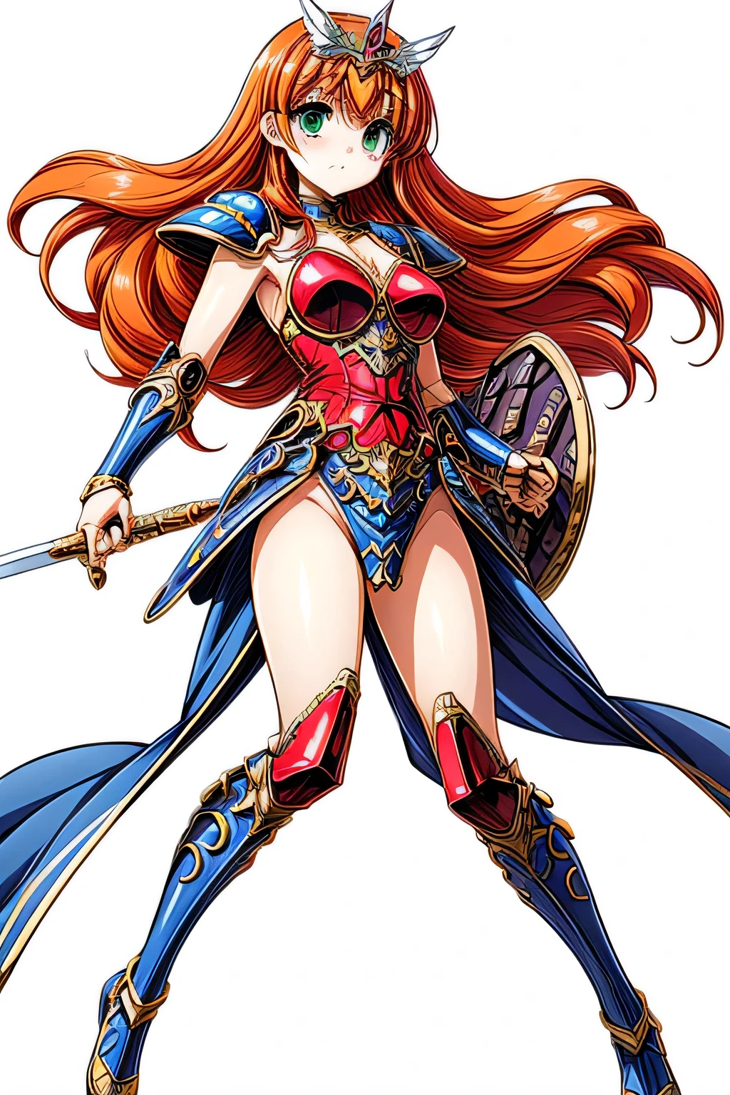 Lucia green eyes orange hair very long hair red armored dress winged tiara blue pelvis curtain armor blue waist armor blue shoulder armor,
Blue armored arm Blue knee boots Blue armor belt Shoulder holding sword