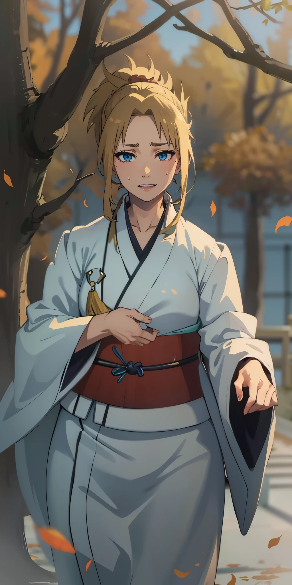 (blonde hair:1.4), blue eyes, low ponytail, (plump:1.2), sweating, glowing eyes, heavy breathing, female focus, tree, japanese_clothes, solo, hakama, outdoors, 1girl, looking_at_viewer, standing, nature, kimono, blurry, long_sleeves, aqua themes, lips, looking at viewer, 