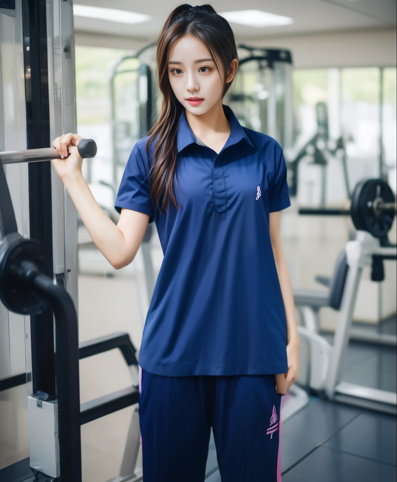 2 girls in fitness center, Blue short sleeve shirt,Sweatpantsขายาวสีกรมท่า,Sweatpants, Sweatpantsขายาว,25 year old girl, lesbian, sexy, exercise clothes, wet body, exercise clothes
