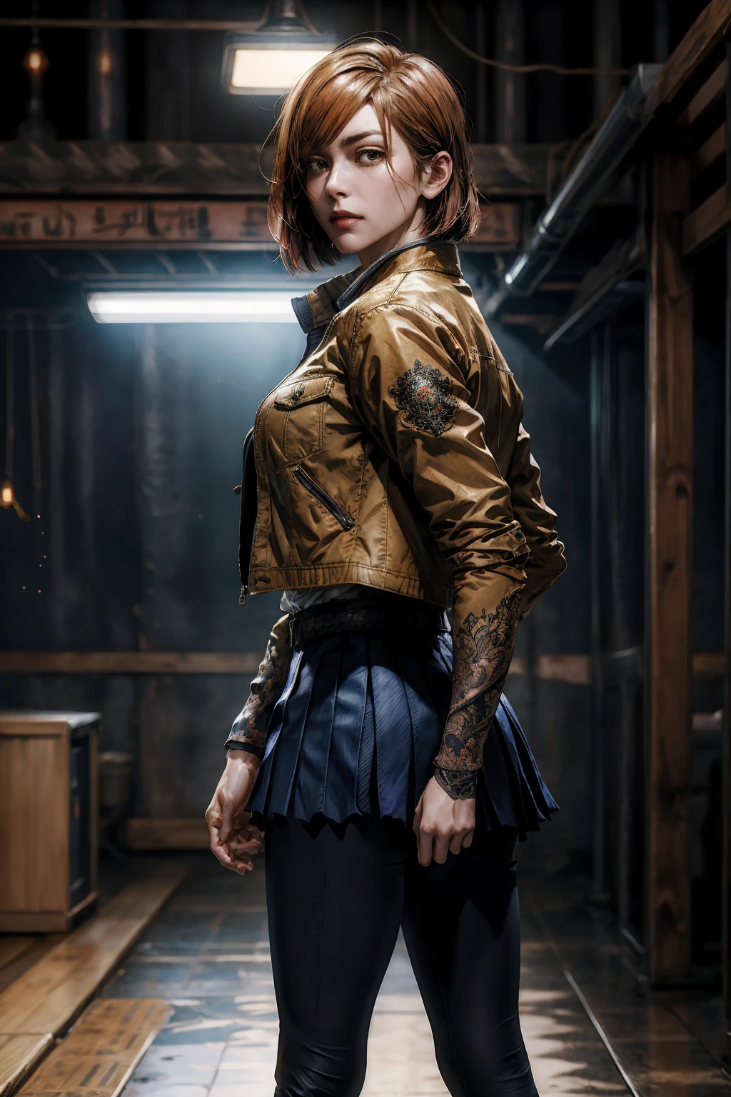 1girl, cowboy shot, beautiful Nobara, school_uniform, bangs, jacket,, volumetric lighting, best quality, masterpiece, intricate details, tonemapping, sharp focus, hyper detailed, trending on Art Station, 4k,full body, backwards, looking back