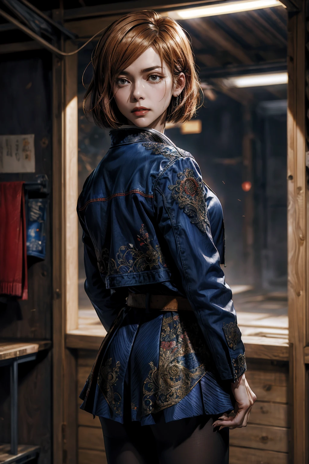 1girl, cowboy shot, beautiful Nobara, school_uniform, bangs, jacket,, volumetric lighting, best quality, masterpiece, intricate details, tonemapping, sharp focus, hyper detailed, trending on Art Station, 4k,full body, backwards, looking back