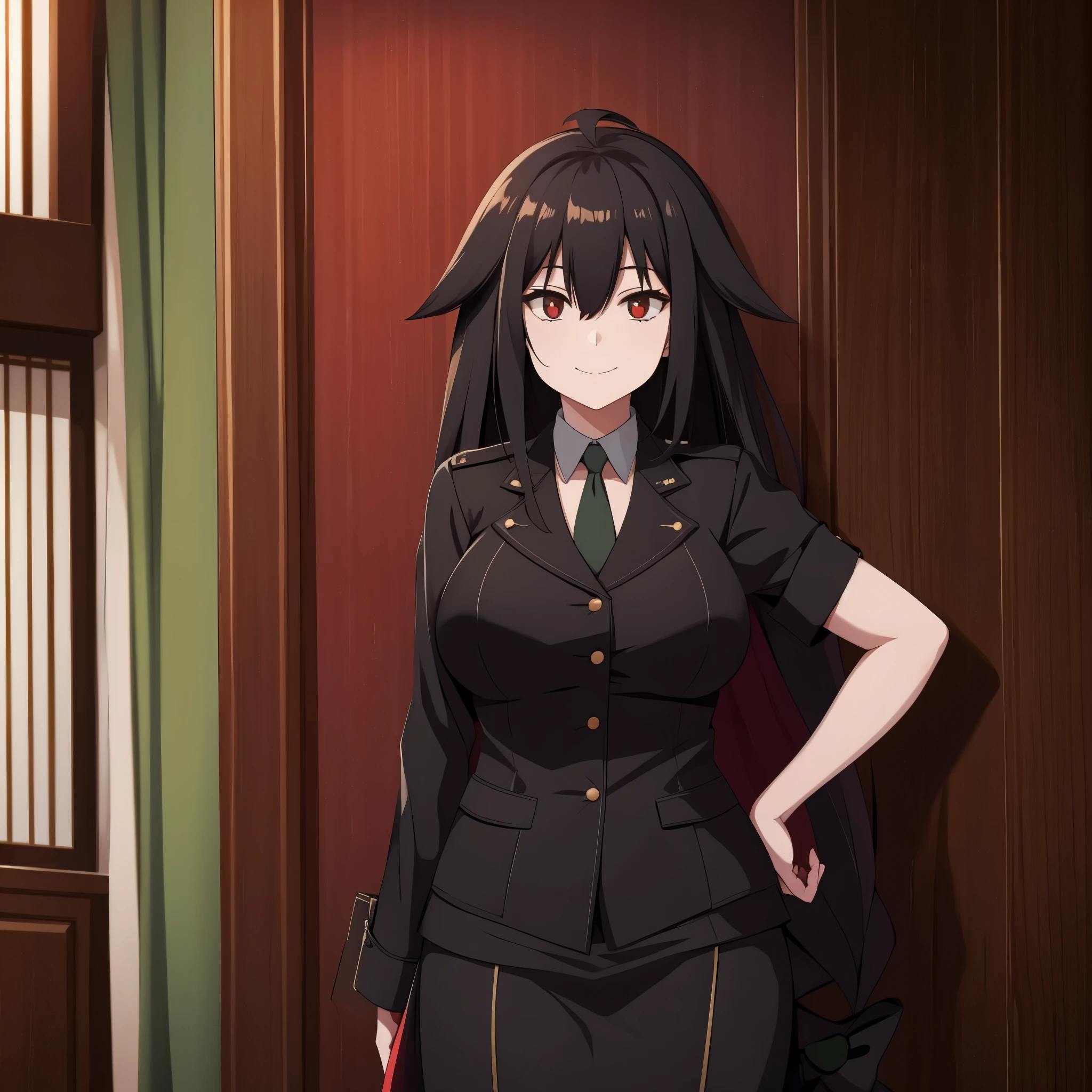 A woman in house, long black hair, red eyes, smile
