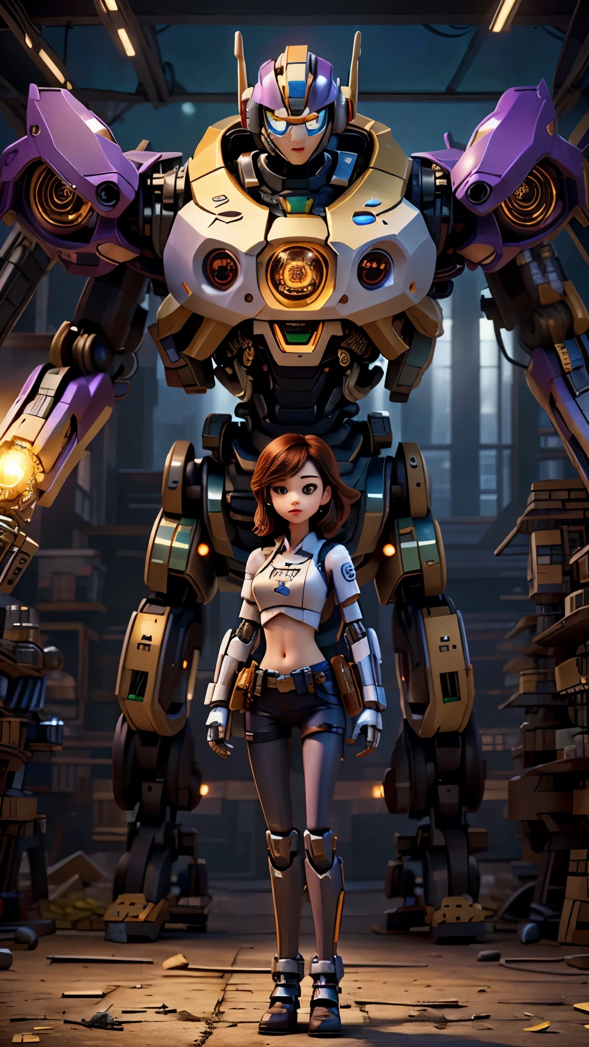 ((Masterpiece, Best Quality)), illustration, ultra-detailed 8K, realistic, clear focus, highly detailed, professional lighting, colorful details, rainbow colors BREAK factory super long shot, (1 large mechanical robot), microchip, computer, luminescence, intricate details, shitu-mecha, 1girl downscale standing in front of the viewer, navel, drak purple 