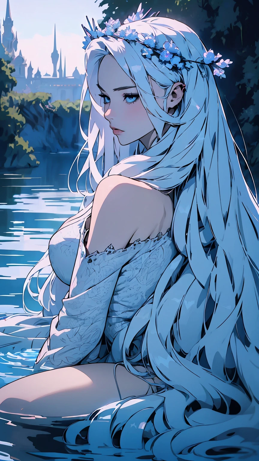 hyper-realistic  of a mysterious woman with flowing silver hair, piercing blue eyes, and a delicate floral crown, sitting on the water, backards, looking back, whole  body