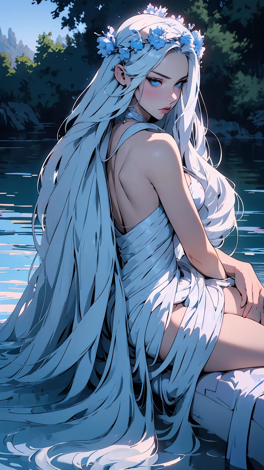 hyper-realistic  of a mysterious woman with flowing silver hair, piercing blue eyes, and a delicate floral crown, sitting on the water, backards, looking back, whole  body