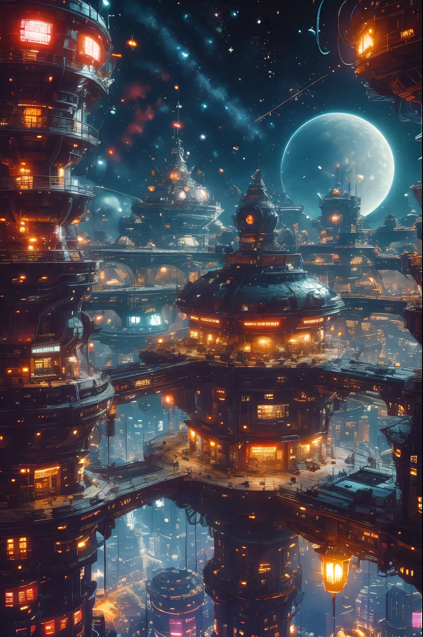 COMG3O,acrylic paint \(medium\),album cover,arch,architecture,balcony,bridge,building,chimney,city,city lights,cityscape,clock tower,cloud,crescent moon,dress,east asian architecture,fantasy,ferris wheel,fisheye,flag,full moon,gate,house,lantern,moon,night,night sky,no humans,outdoors,pagoda,paper lantern,pavement,planet,railing,real world location,reflection,road,rooftop,scenery,shooting star,sky,skyline,skyscraper,smoke,snow,snowing,stairs,star \(sky\),starry sky,street,tokyo \(city\),tower,tree,window,A futuristic space station is shown in jewel tones,cinematic lighting,bright colors,in frame