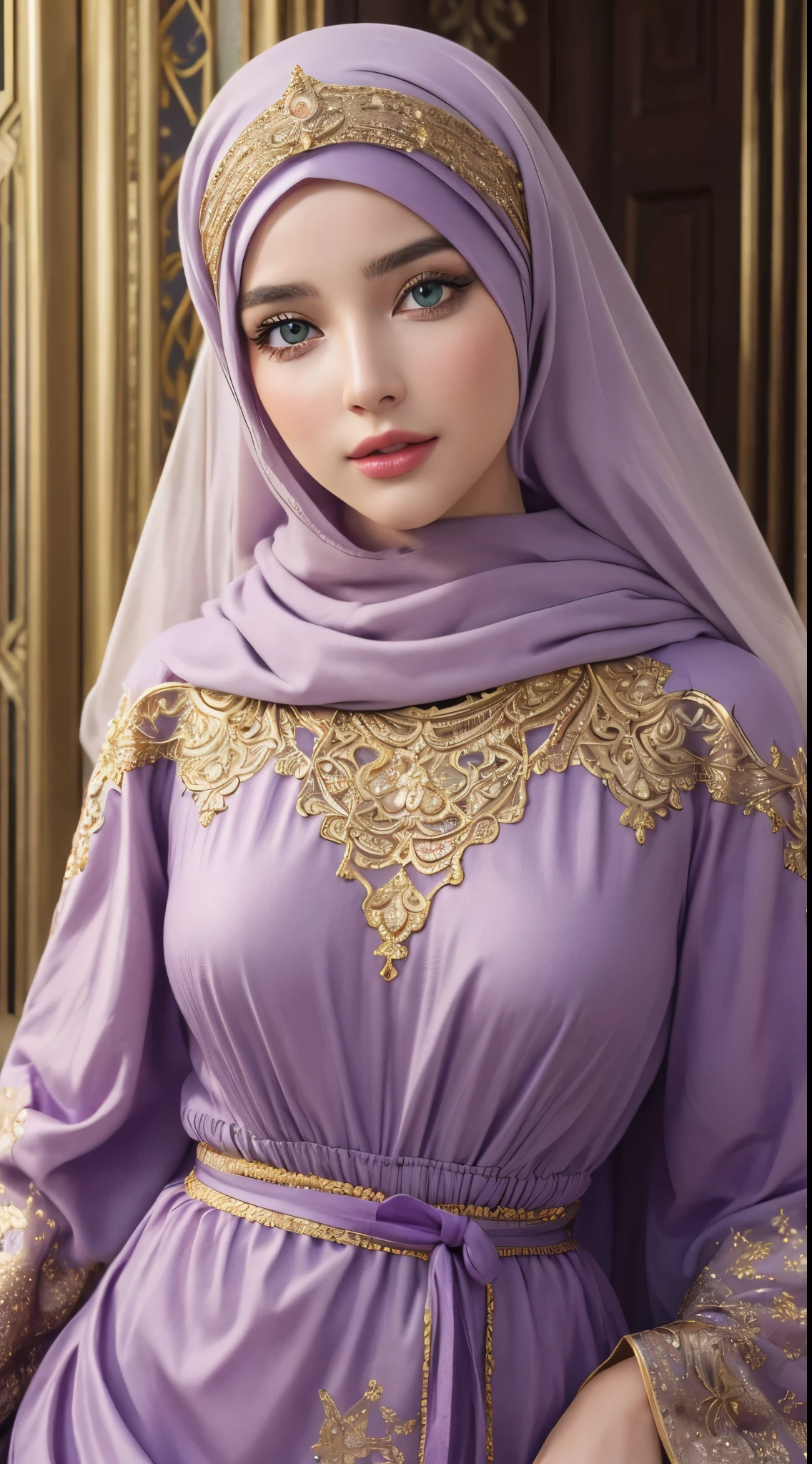 (master piece: 1.3), (8k, photoreallistic, Photo brute, beste-Qualit: 1.4), (1fille), beau visage, (realistic face), (cheveux rouges , cheveux long rouges1.3), belle coiffure, Realistic Crystal Brilliant Bright Eyes Bright, beautiful detailed eyes ،green eyes, brilliant mixed European and arabian beauty, (realistic skin), belle peau, (tirer), absurdes, attrayant, ultra highres, ultra realist, highly detailed, Golden number wearing a arabic Islamic caftan outfit purple color with hijab,
