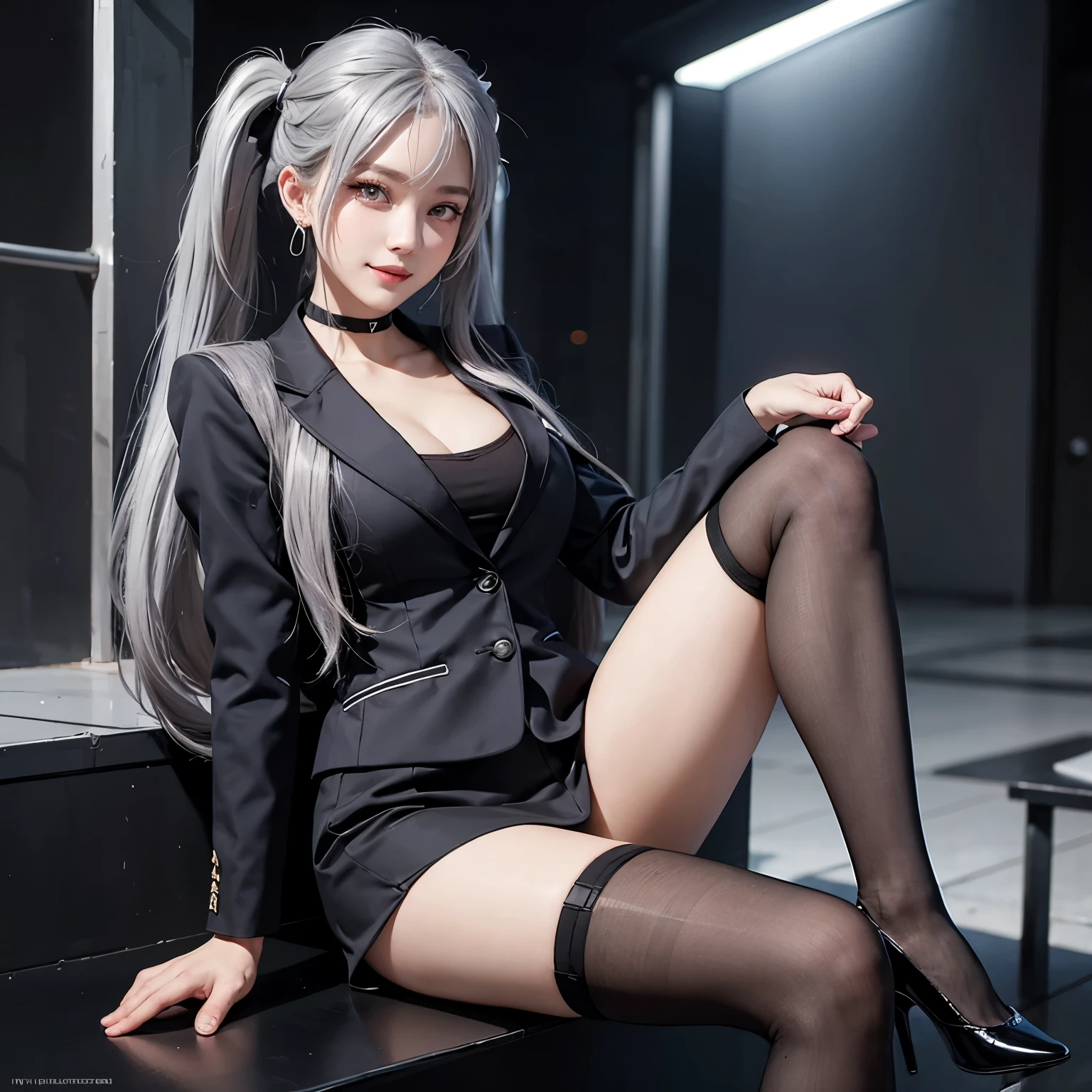 Alone,girl,gray hair,big breasts,smile,blazer,tights,high heels,twin tails,open your legs,thin legs,earrings,choker,looking at the viewer