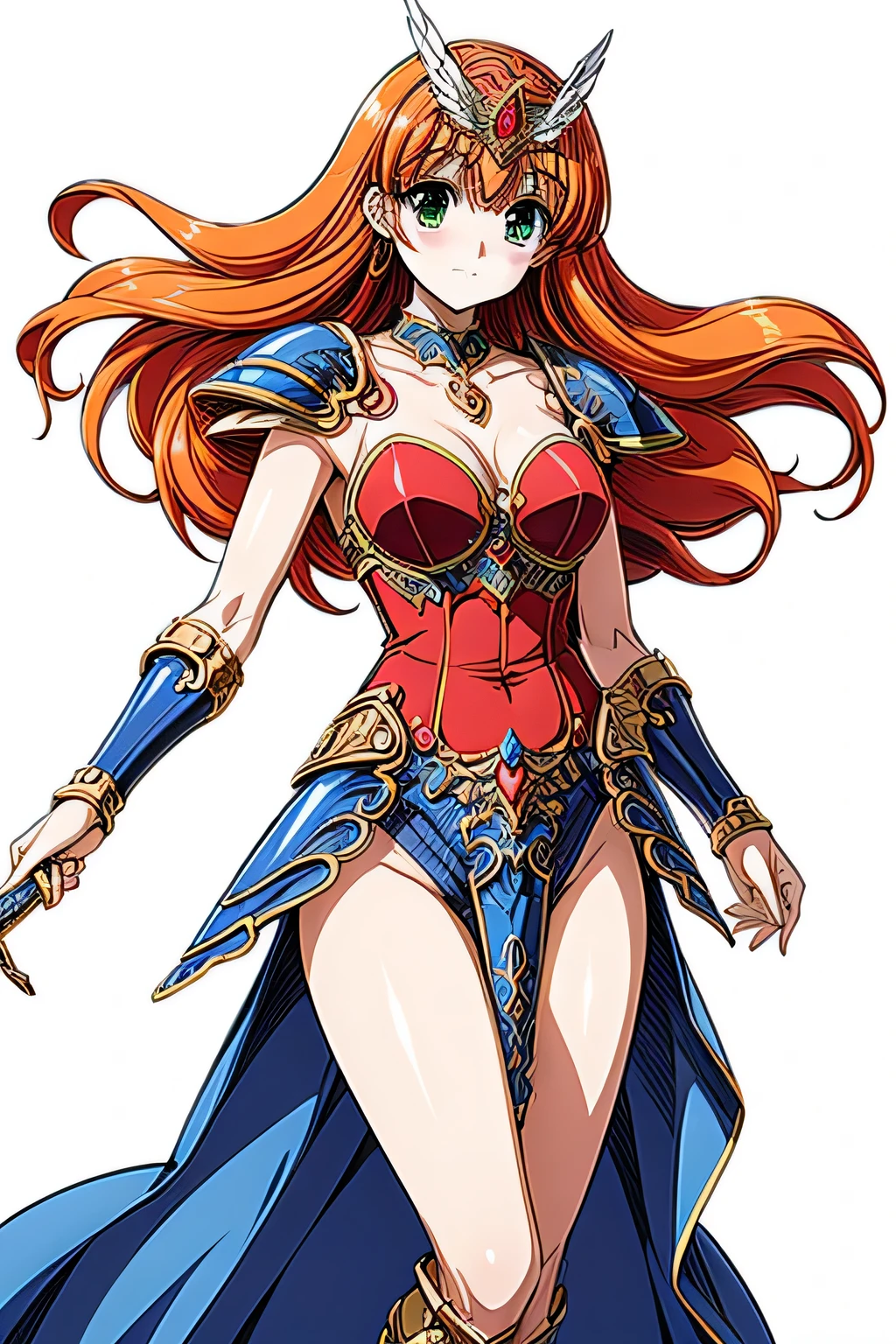 (masterpiece, highest quality:1.2)Lucia,
green eyes,
orange hair,
very long hair,
red armor dress,
wing tiara,
blue pelvic curtain armor,groin armor panel,
blue waist armor,
blue shoulder armor,
blue cuff,
blue knee boots,
blue armor belt,
pauldron,
with a sword,