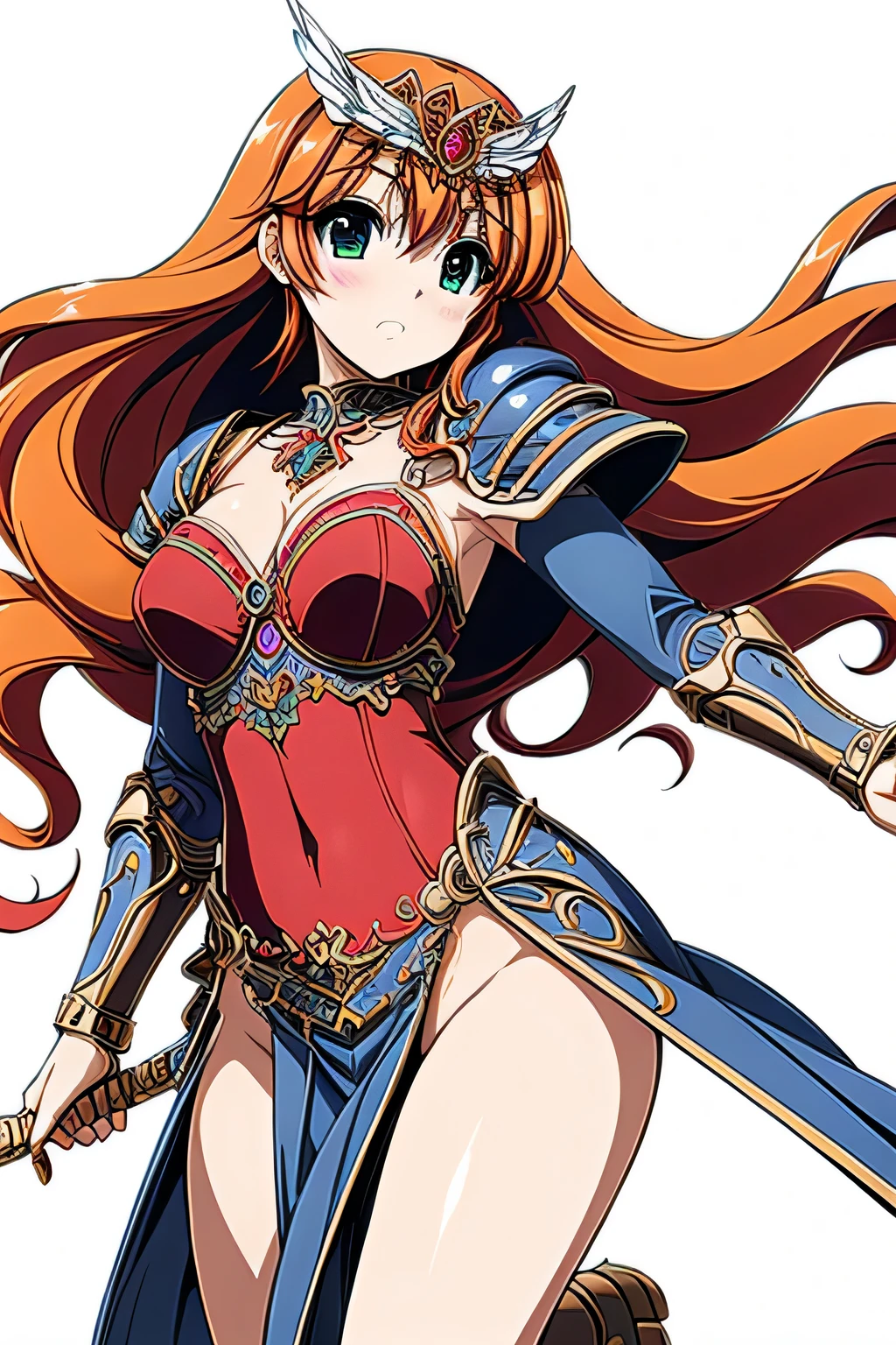 (masterpiece, highest quality:1.2)Lucia,
green eyes,
orange hair,
very long hair,
red armor dress,
wing tiara,
blue pelvic curtain armor,groin armor panel,
blue waist armor,
blue shoulder armor,
blue cuff,
blue knee boots,
blue armor belt,
pauldron,
with a sword,