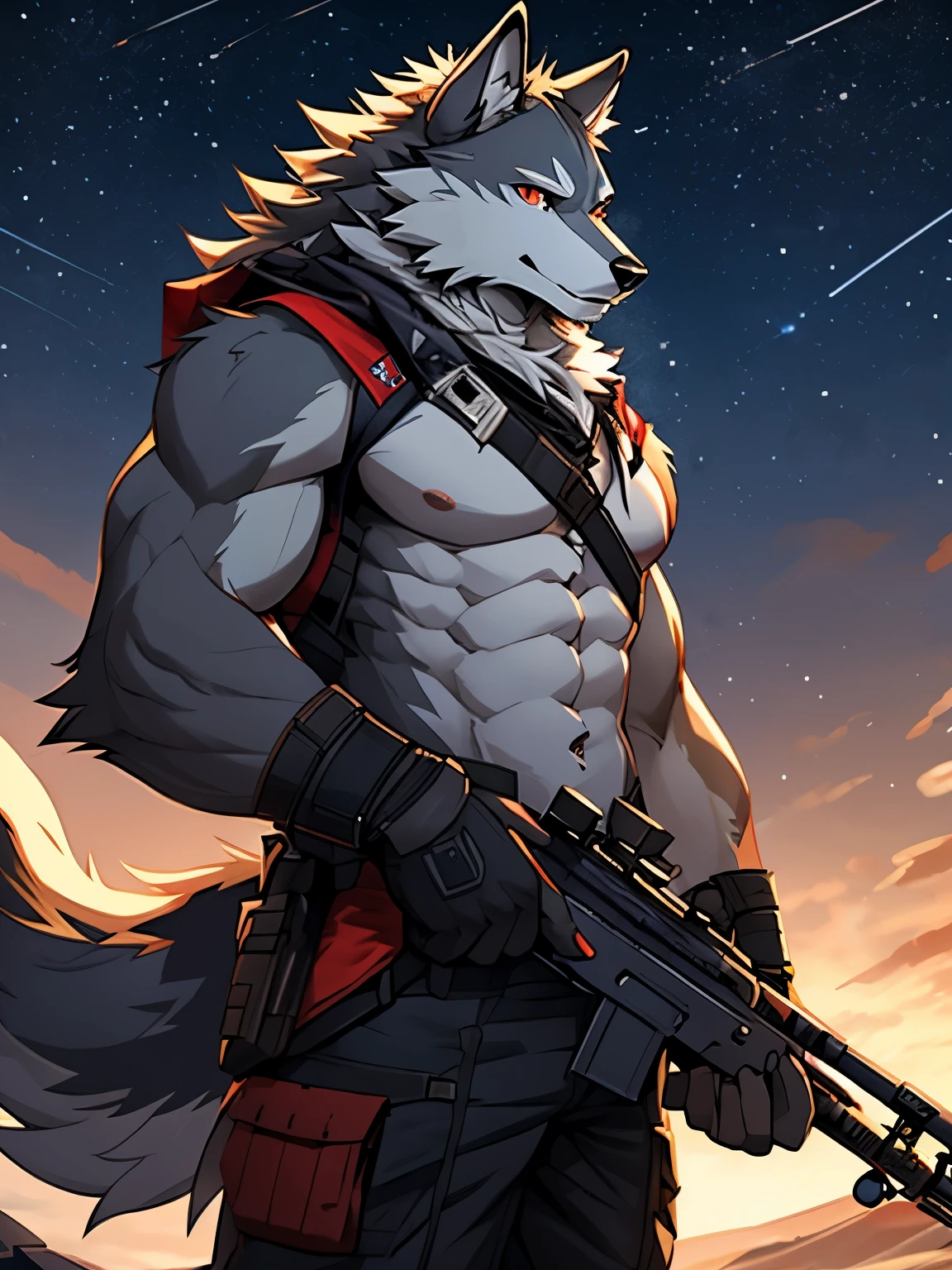 Male wolf, Furry,gray wolf,long whitr hair,Golden pupils,sniper gun,starrysky, standing, red eyes, (Realistic eye details 1.2), topless