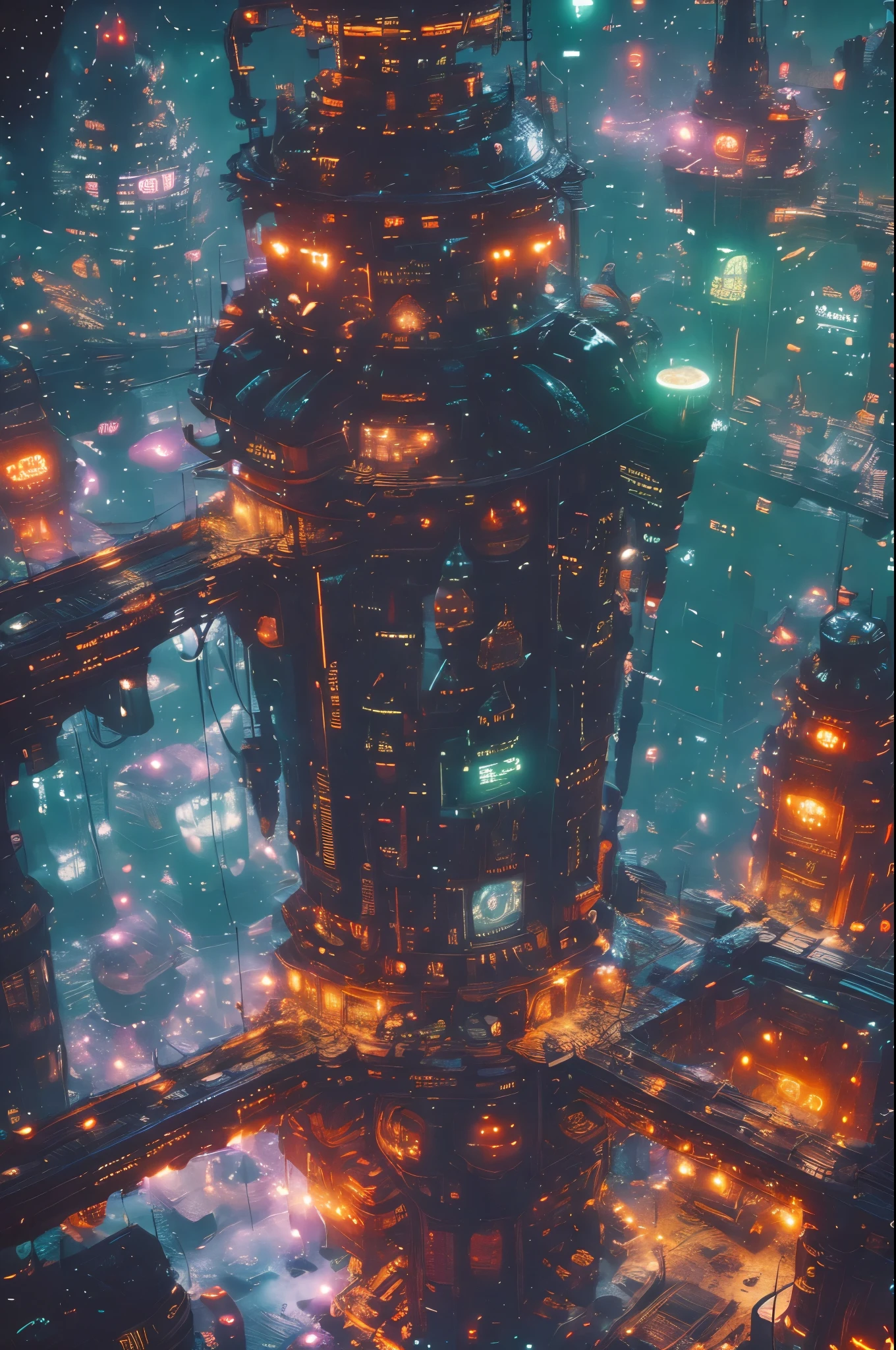 COMG3O,album cover,arch,architecture,aurora,backpack,balcony,bird,bridge,building,candle,car,castle,chain-link fence,chandelier,chimney,christmas lights,christmas tree,city,city lights,cityscape,clock,clock tower,cloud,confetti,constellation,crescent moon,crowd,dark,east asian architecture,ferris wheel,fireworks,fountain,galaxy,gate,lantern,light,light particles,lights,long hair,milky way,moon,night,night sky,no humans,pagoda,pavement,planet,railing,reflection,road,rooftop,scenery,shooting star,sky,skyline,skyscraper,smoke,snow,snowing,space,stadium,star \(sky\),starry sky,starry sky print,street,telescope,tokyo \(city\),tower,vanishing point,window,A futuristic space station is shown in jewel tones,cinematic lighting,bright colors,in frame
