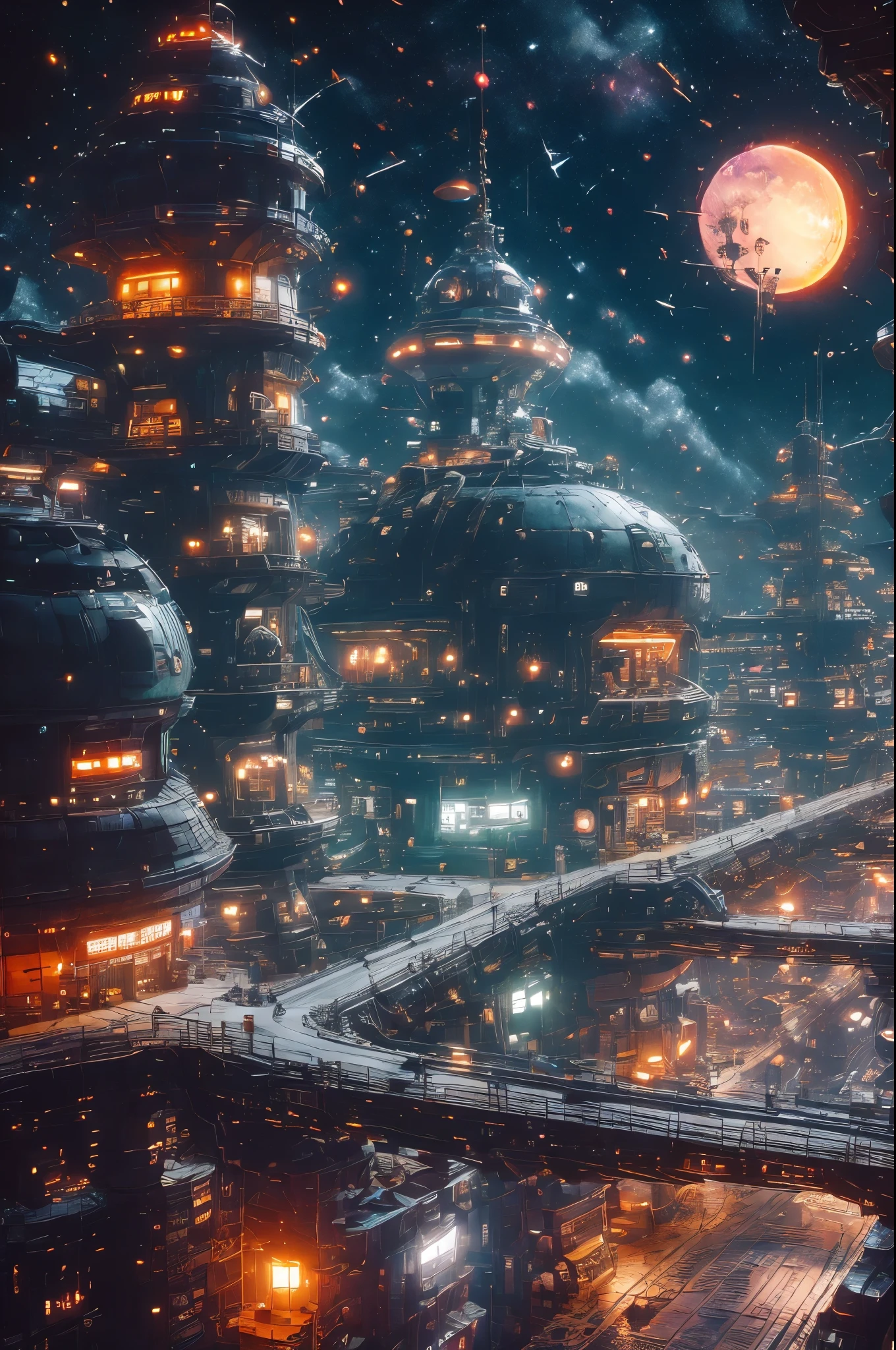 COMG3O,above clouds,aerial fireworks,album cover,arch,architecture,aurora,balcony,boots,bridge,building,car,castle,chain-link fence,chimney,christmas,christmas lights,christmas tree,city,city lights,cityscape,clock,clock tower,cloud,cloudy sky,constellation,crescent moon,crosswalk,dark,diffraction spikes,dusk,earth \(planet\),east asian architecture,fantasy,ferris wheel,festival,fireflies,fireworks,fisheye,fountain,full moon,galaxy,gate,gradient sky,house,lamppost,landscape,lantern,light,light particles,lights,milky way,moon,moonlight,mountain,night,night sky,no humans,onsen,outdoors,pagoda,paper lantern,pavement,planet,purple sky,rainbow,red moon,reflection,reindeer,road,rooftop,scenery,science fiction,shooting star,sky,skyline,skyscraper,smoke,smokestack,snow,snowing,solo,space,space craft,stadium,staff,stairs,star \(sky\),star \(symbol\),starry background,starry sky,starry sky print,steam,street,sunset,tanabata,tanzaku,telescope,tokyo \(city\),tower,town,twilight,ufo,water,window,winter,yukata,A futuristic space station is shown in jewel tones,cinematic lighting,bright colors,in frame