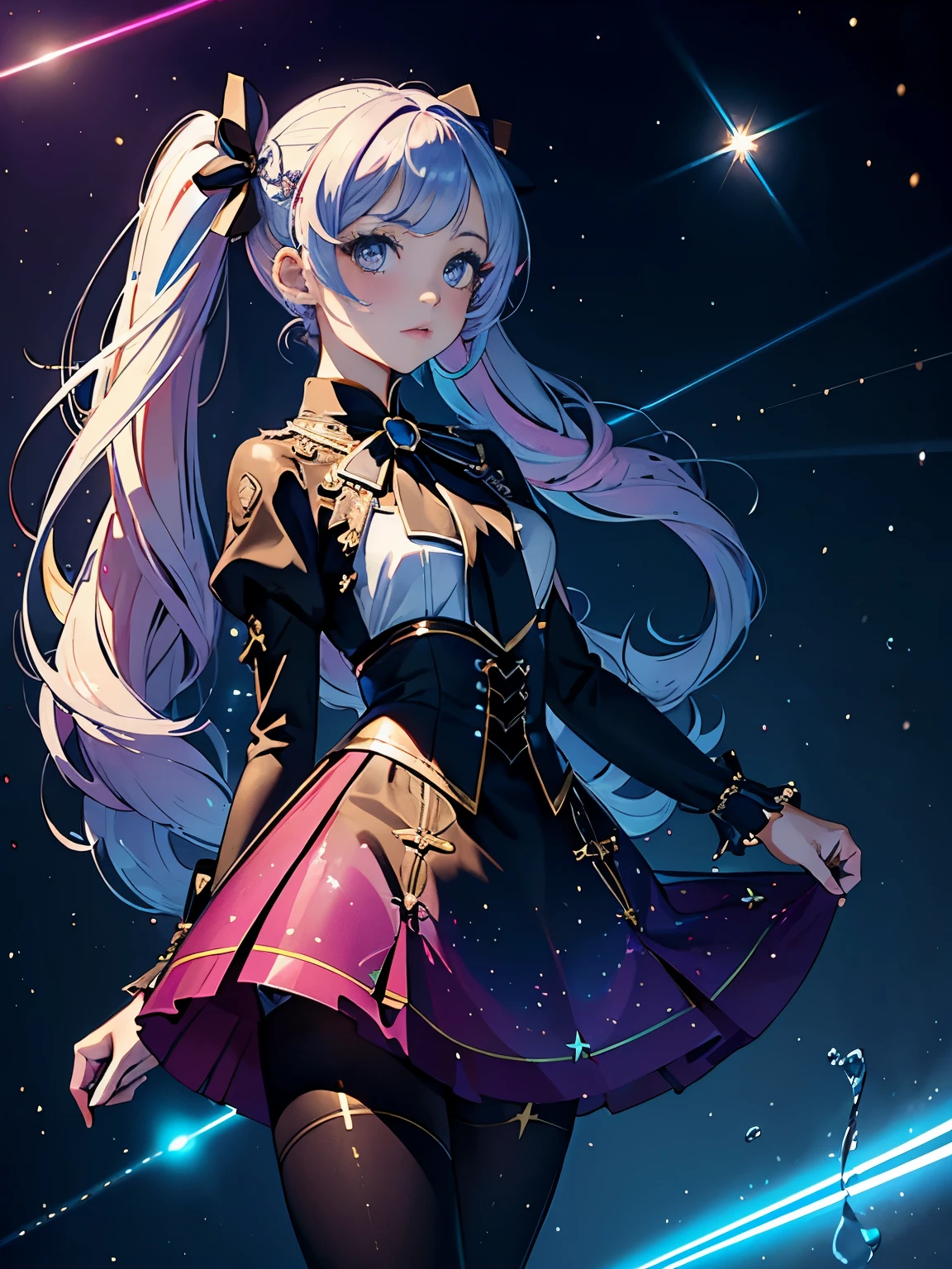 (masterpiece, exquisite, With rich detail and the highest image quality),colorful background,1 girl,close,very big eyes,Color Gradient Hair,(skirt laser:1.2),pantyhose,long laser blade,laser shining star,beautiful fine water,bust,twin tails,hair ribbon,star hair ornament,long eyelashes