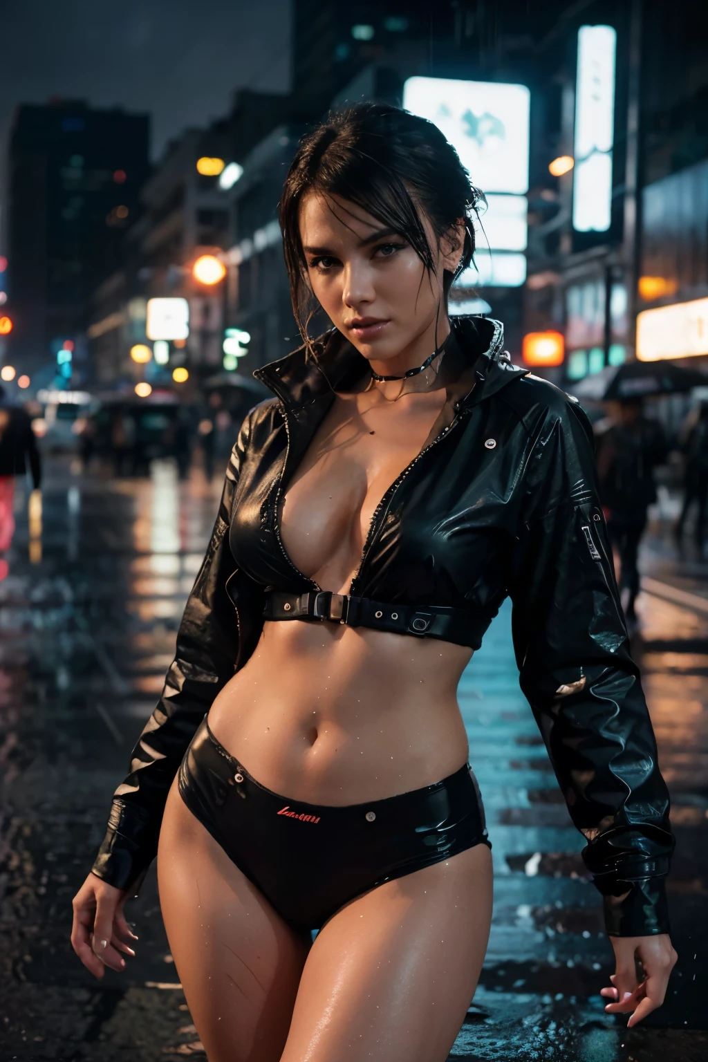 In a medium shot capturing extraordinary detail, a strikingly beautiful Caucasian female model stands amidst a rain-swept futuristic punk city. Her hair, wet from the rain, dances in the wind, adding to the edgy allure of the scene. Dressed in tasteful and suggestive undergarments, she exudes confidence and style against the cyberpunk backdrop illuminated by neon lights. The sharp and clear texture of her skin is accentuated under the vivid Full Moon, creating a mesmerizing aesthetic. Captured with a Leica 50mm F1.2 lens, the shot boasts signature depth-of-field and bokeh, adding to its cinematic appeal.