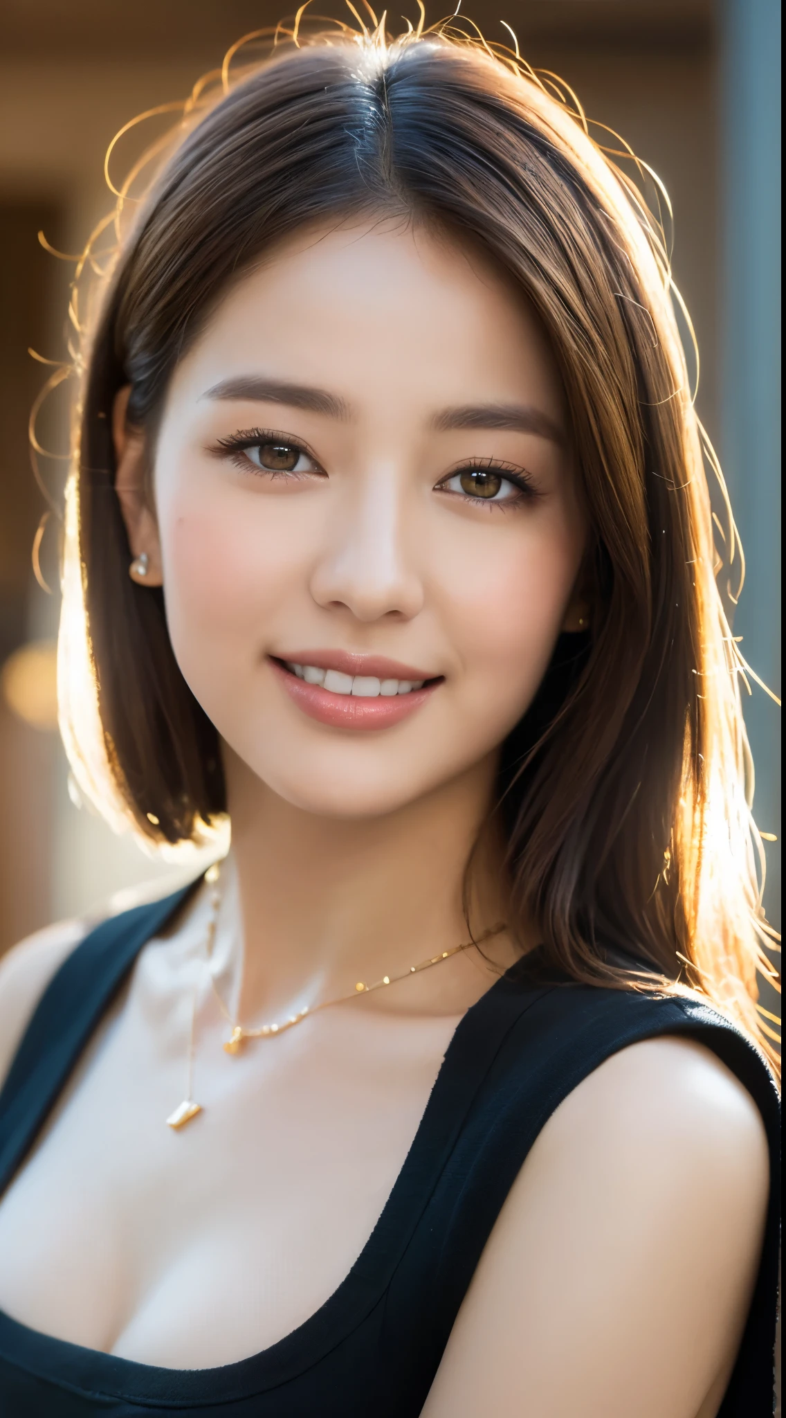 ((Daytime, Realistic Light, Best Quality, 8K, Masterpiece: 1.3)), 1girl, Slim Beauty: 1.4, (Brown hair,), Long black T-shirt: 1.1, Super fine face, delicate eyes, double eyelids, smile, necklace