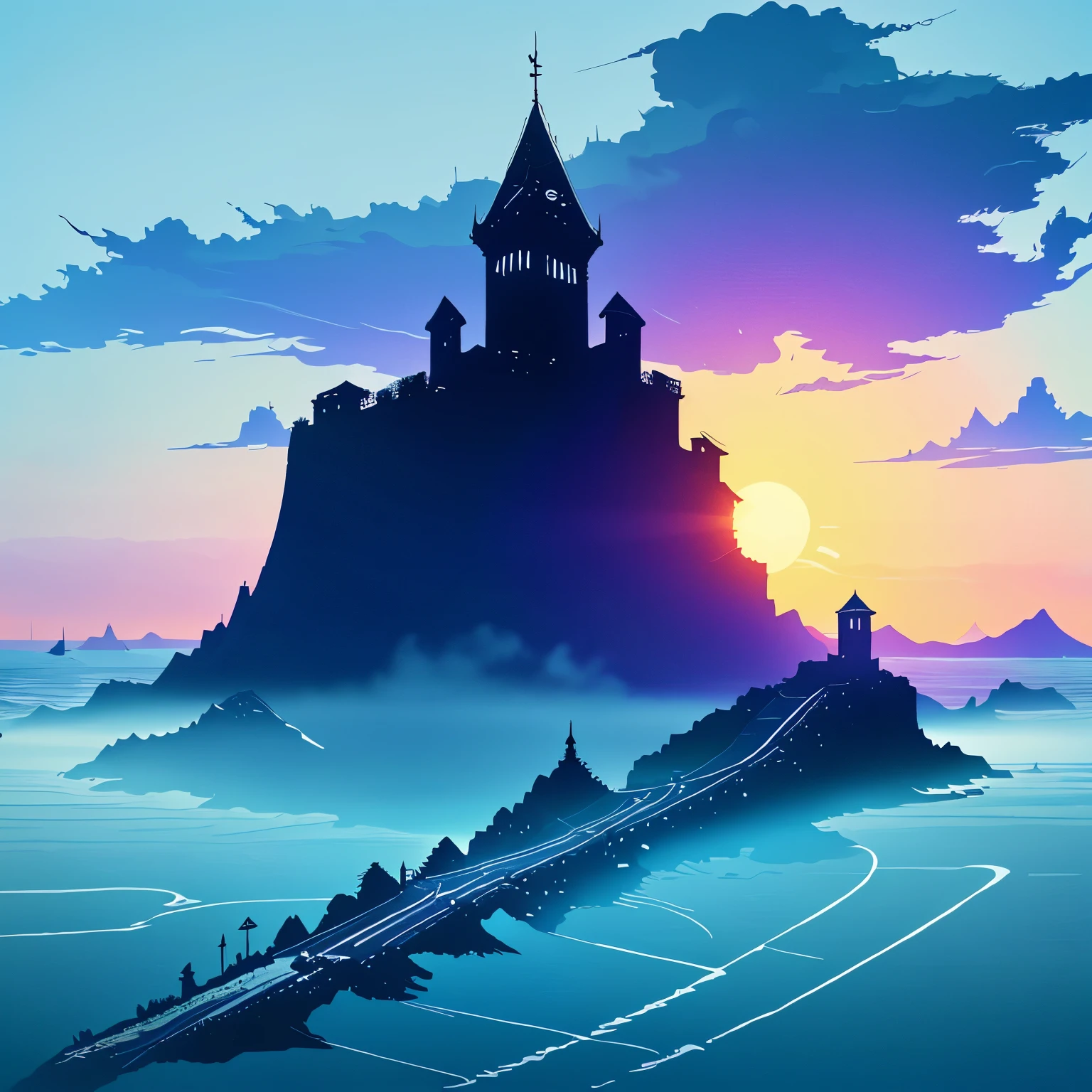 Create a 2D game design style logo, with the simple word “Acilares”, with a minimalist background of a landscape, an island surrounded by fog, silhouette of a large tower on the island, in the middle of the ocean, drawing the image.