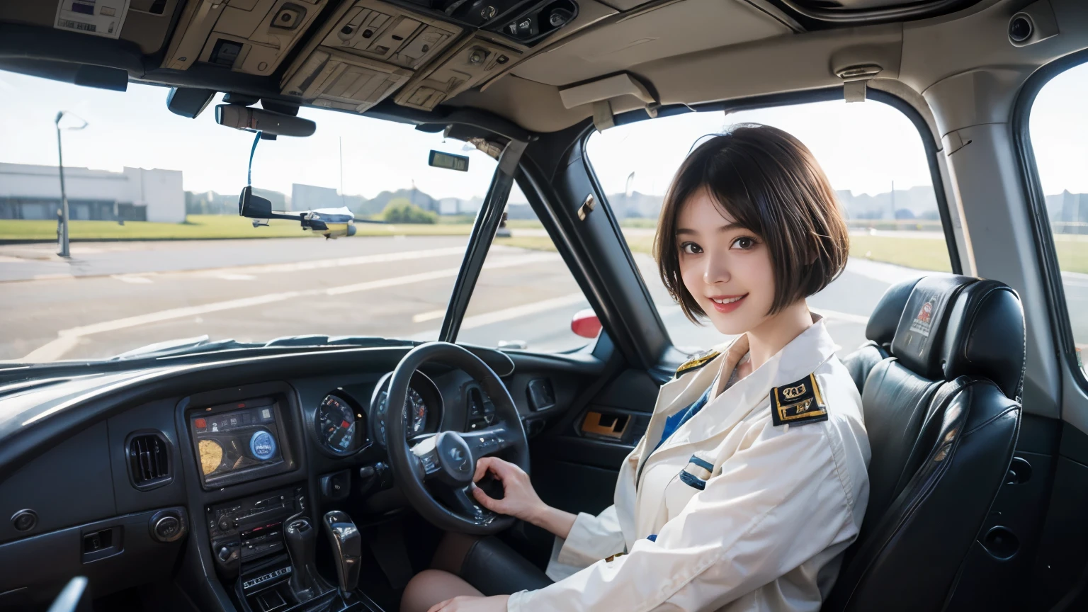 164
Shorthair, (a 20 yo woman, standing), A hyper-realistic, gentle smile, sci-fi cool suit, (口紅), in the cockpit of an old fashioned fighter aircraft