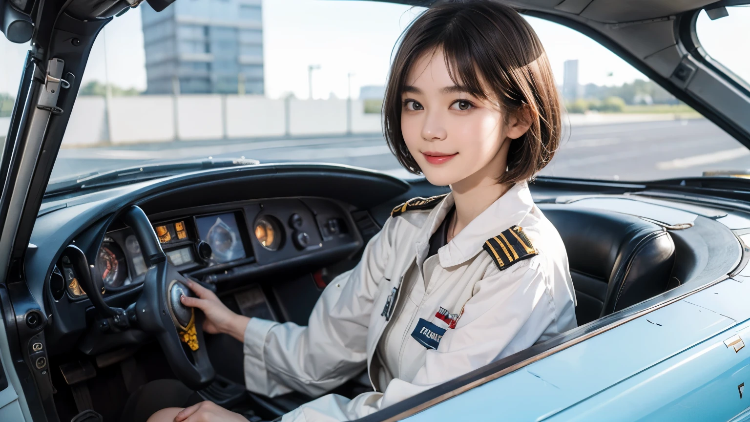 164
Shorthair, (a 20 yo woman, standing), A hyper-realistic, gentle smile, sci-fi cool suit, (口紅), in the cockpit of an old fashioned fighter aircraft