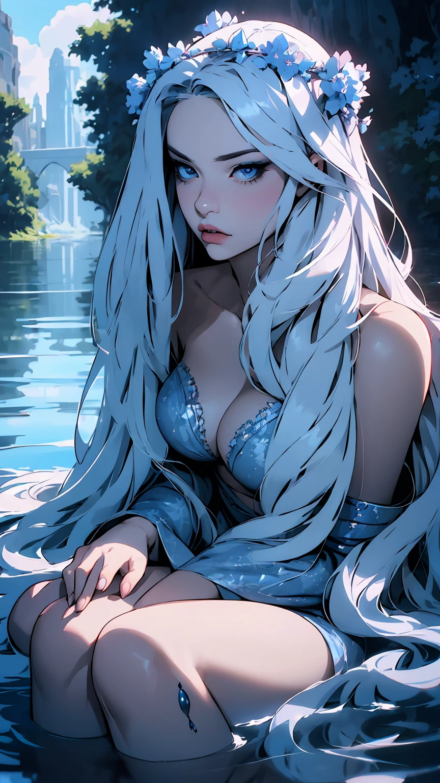 hyper-realistic  of a mysterious woman with flowing silver hair, piercing blue eyes, and a delicate floral crown, sitting on the water, whole  body